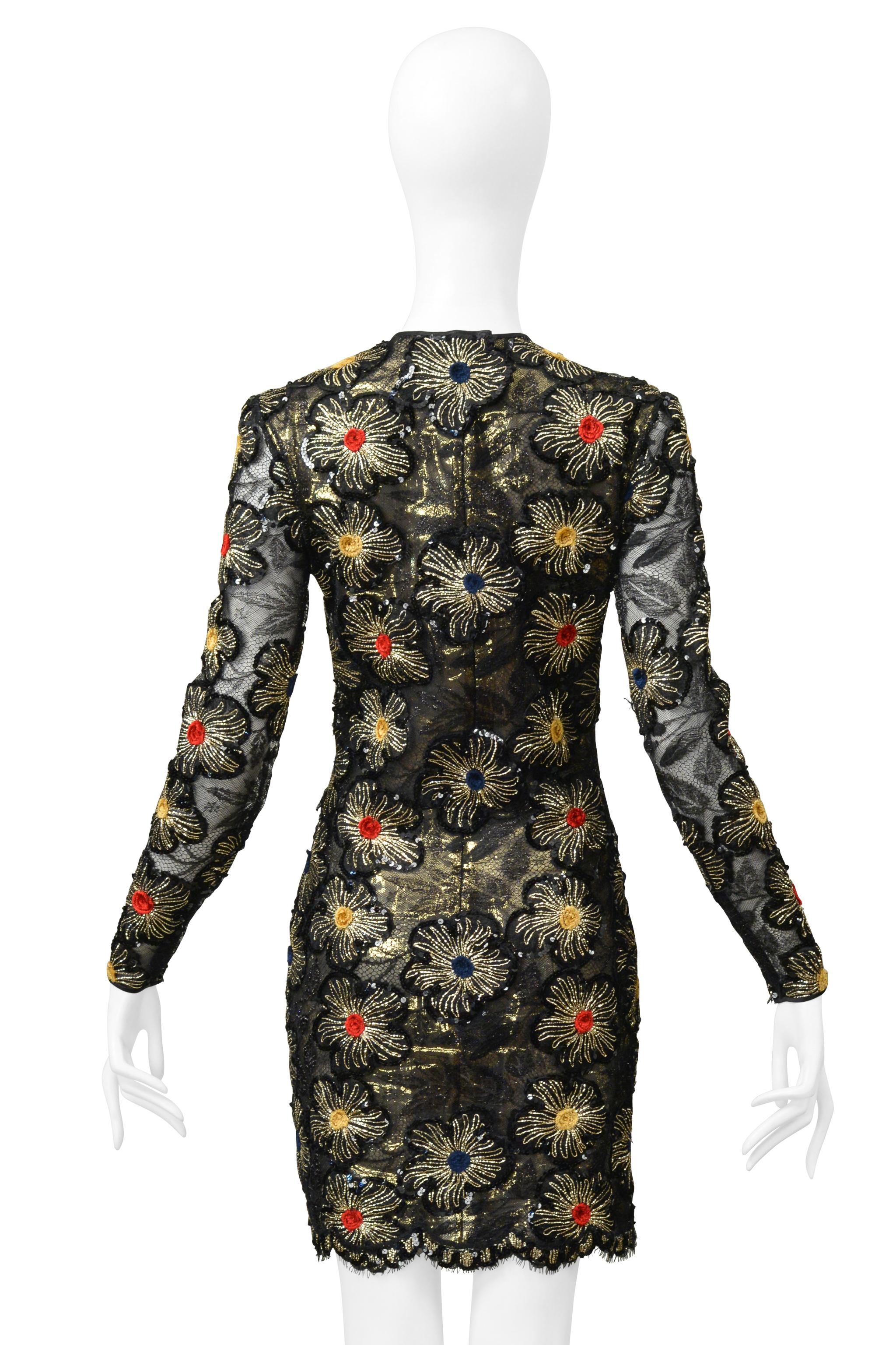 James Galanos Black & Gold Lace Dress With Embroidered Gold Starbursts For Sale 6