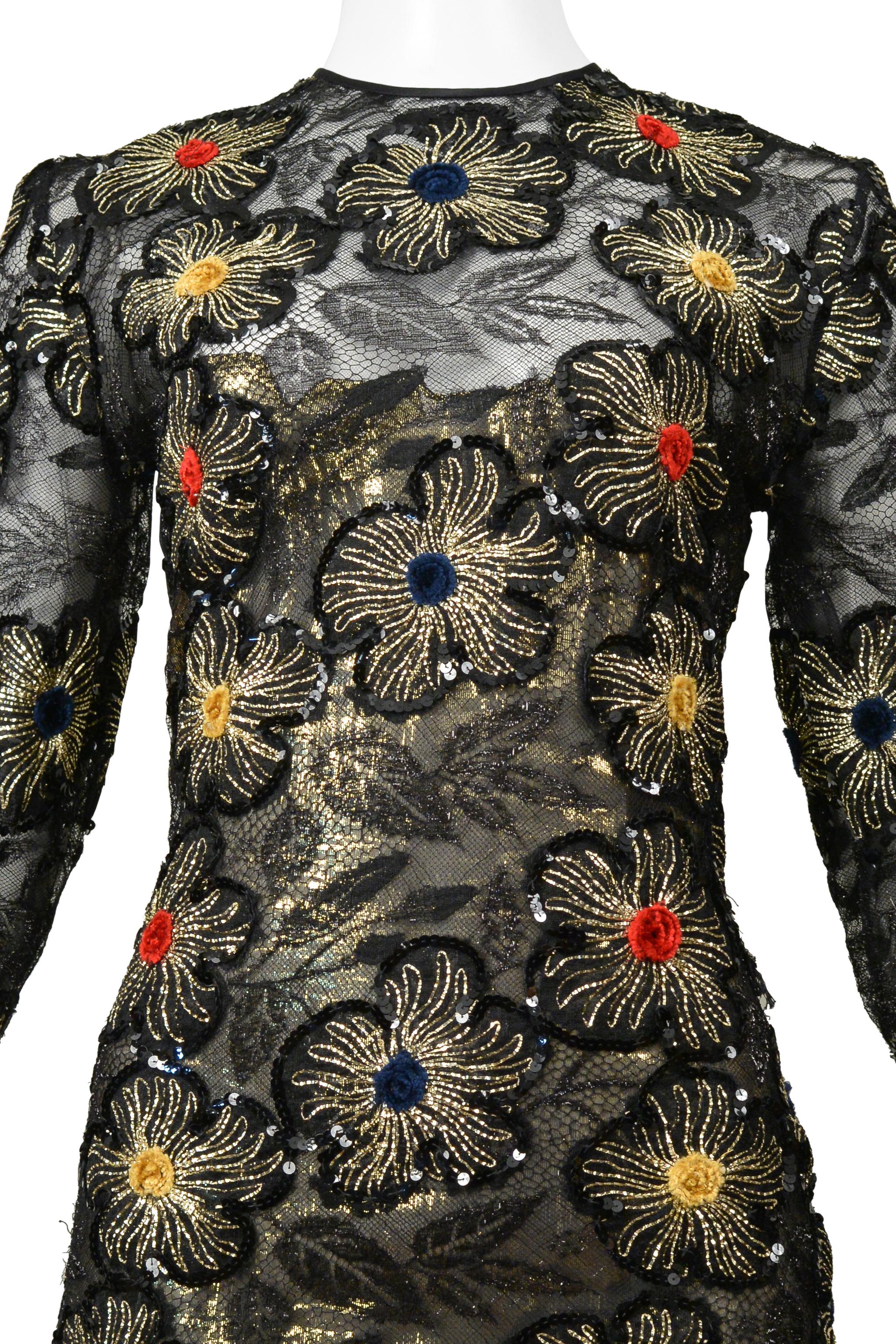 James Galanos Black & Gold Lace Dress With Embroidered Gold Starbursts In Excellent Condition For Sale In Los Angeles, CA