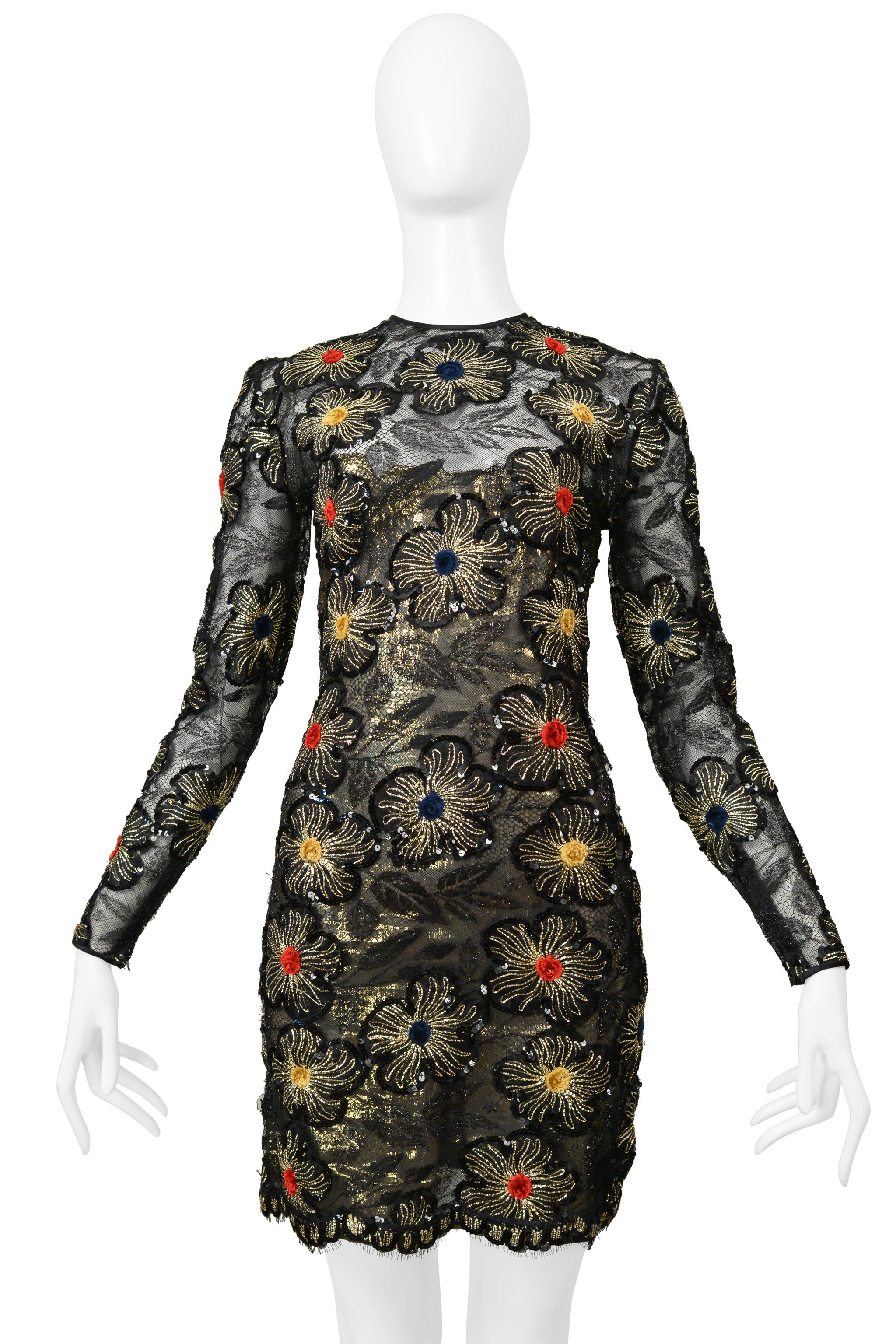 Women's James Galanos Black & Gold Lace Dress With Embroidered Gold Starbursts For Sale