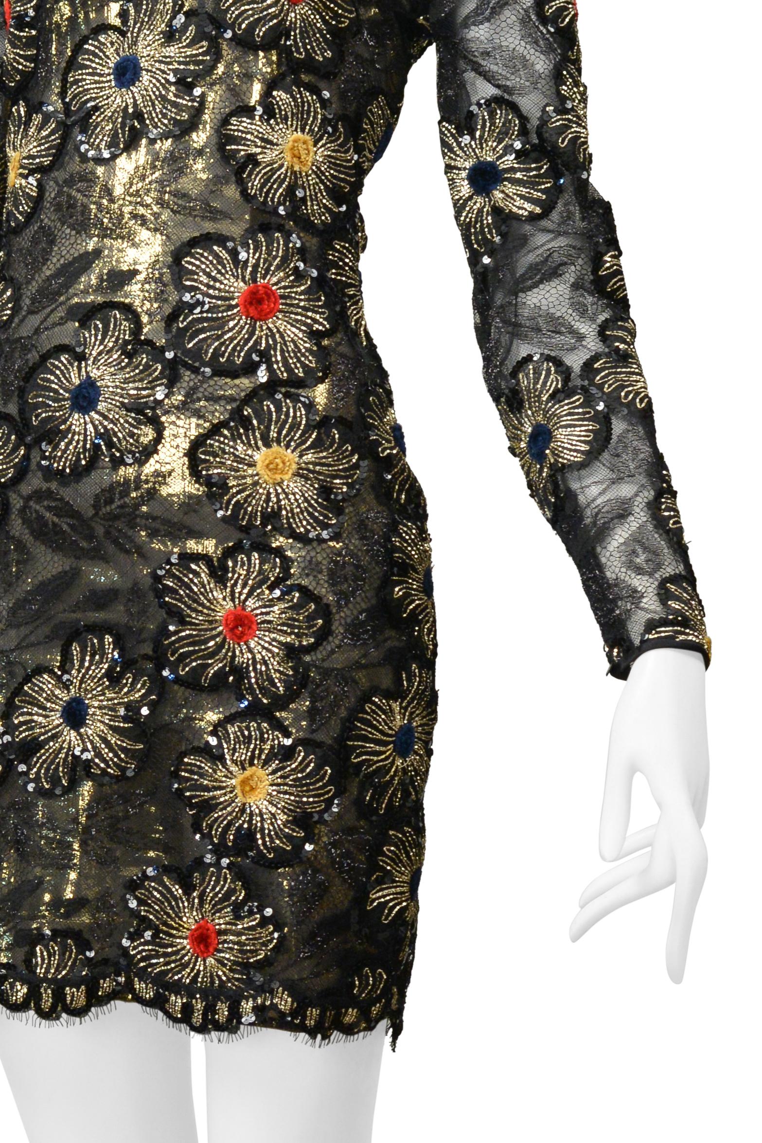 James Galanos Black & Gold Lace Dress With Embroidered Gold Starbursts For Sale 1