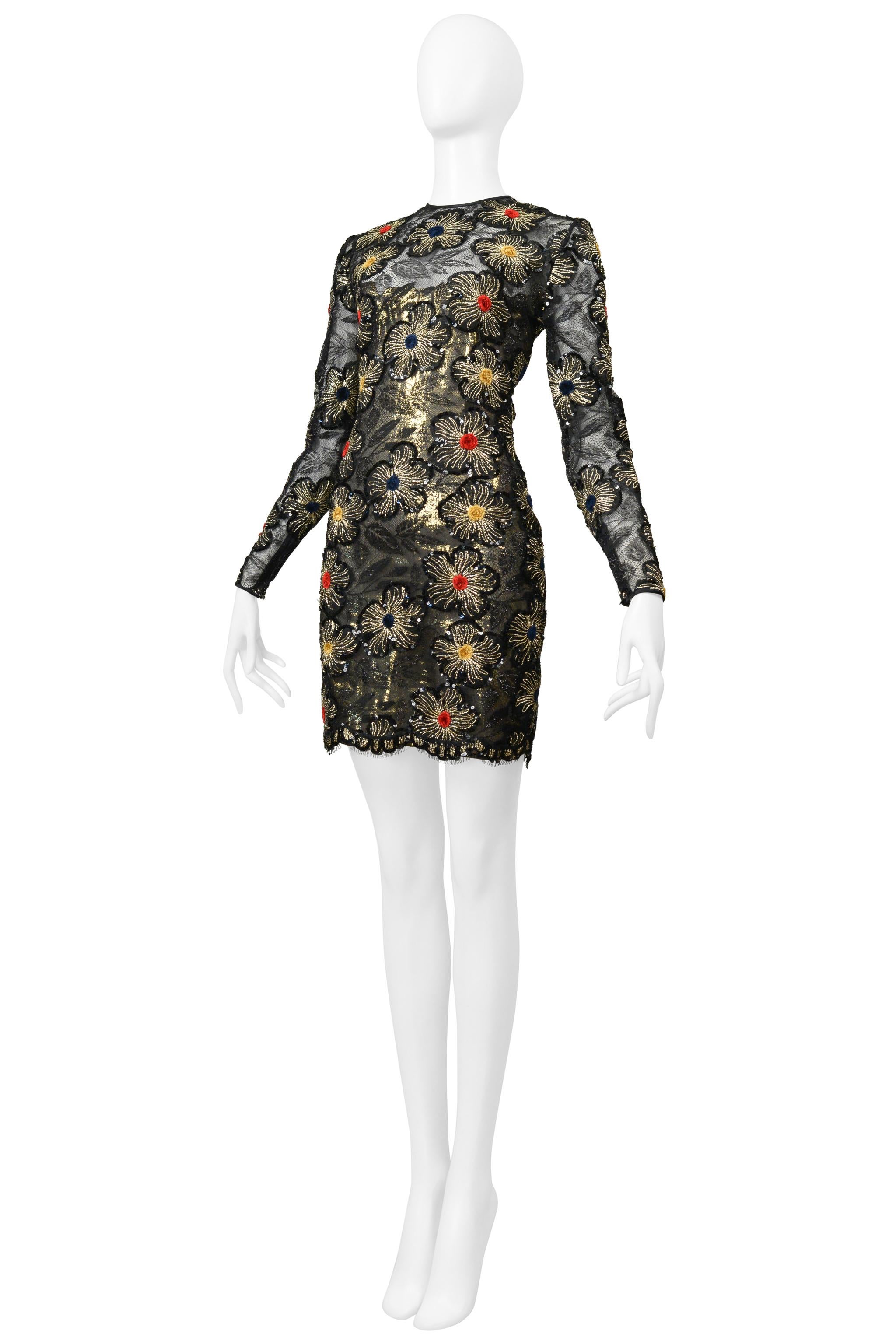 James Galanos Black & Gold Lace Dress With Embroidered Gold Starbursts For Sale 2