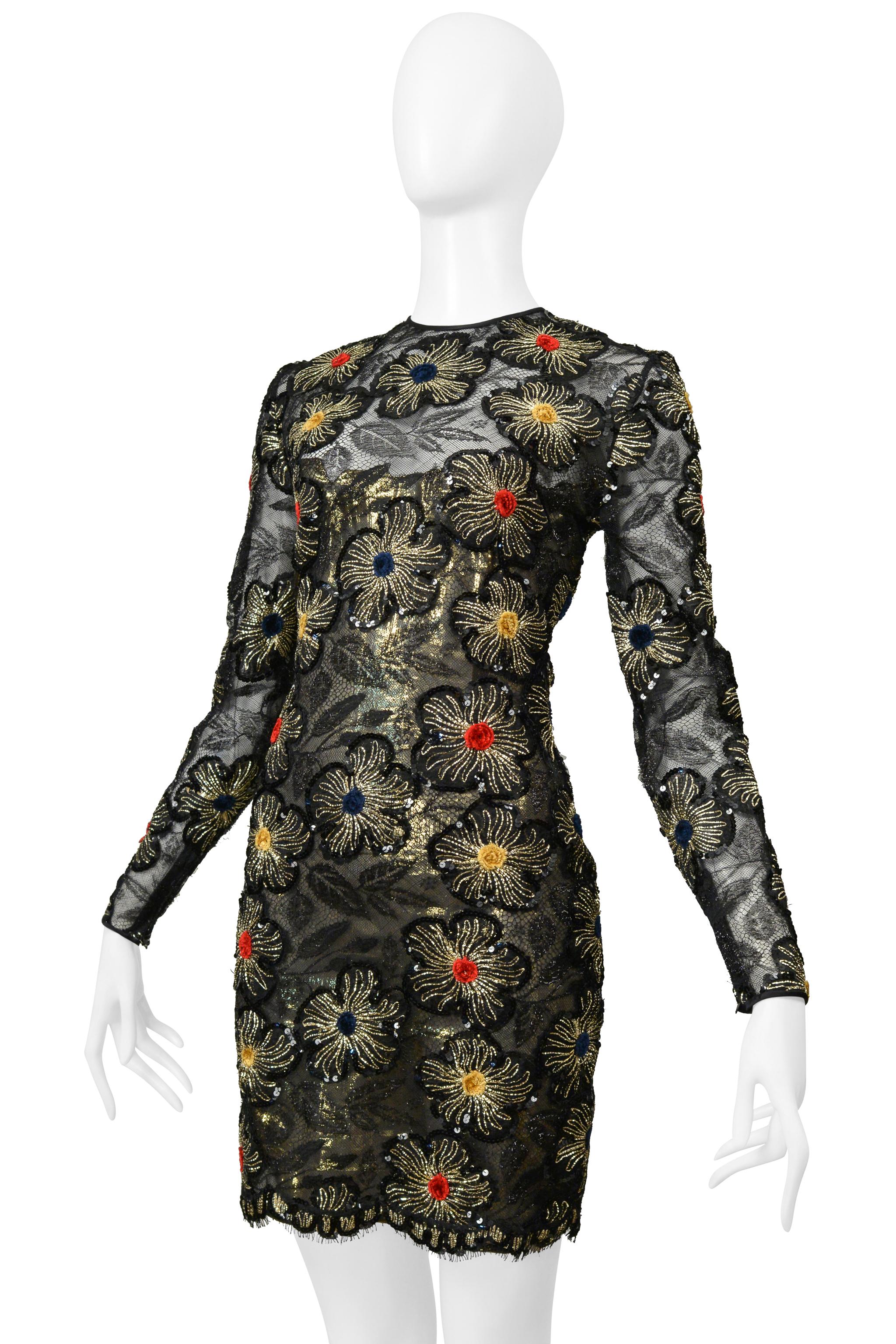 James Galanos Black & Gold Lace Dress With Embroidered Gold Starbursts For Sale 3
