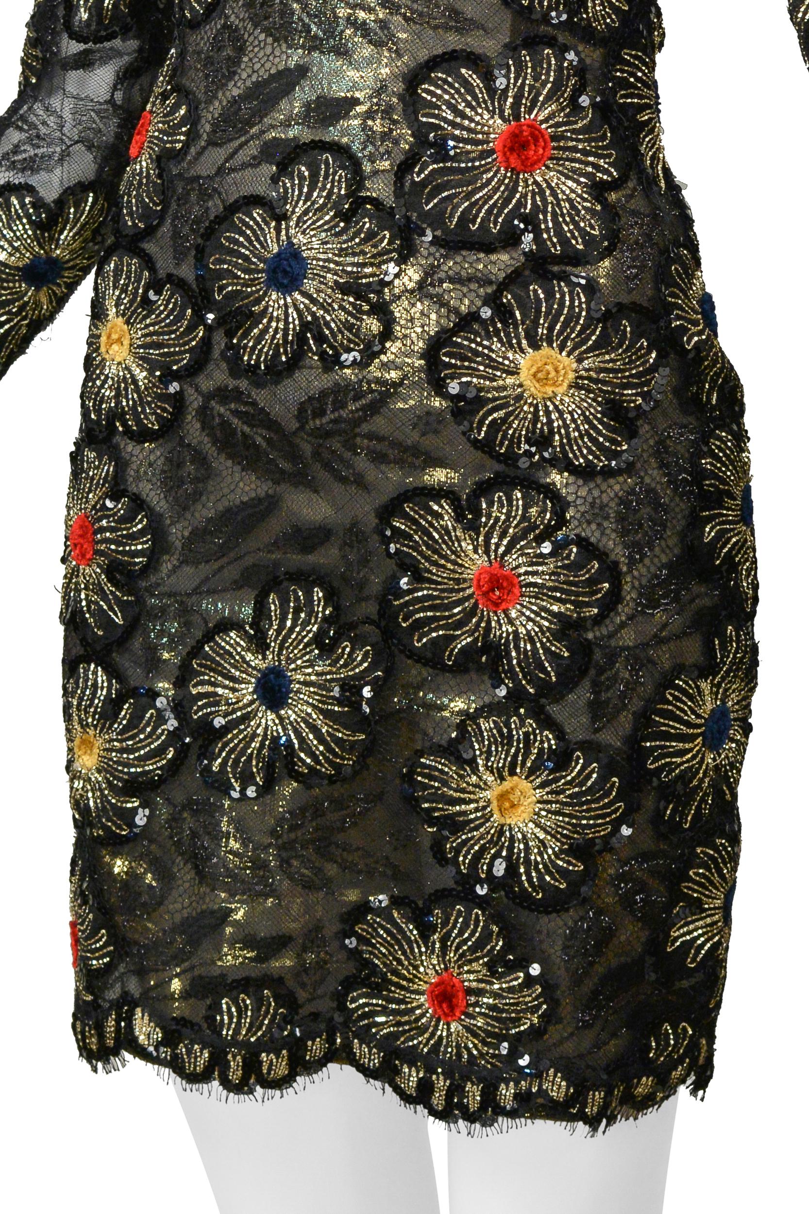 James Galanos Black & Gold Lace Dress With Embroidered Gold Starbursts For Sale 4