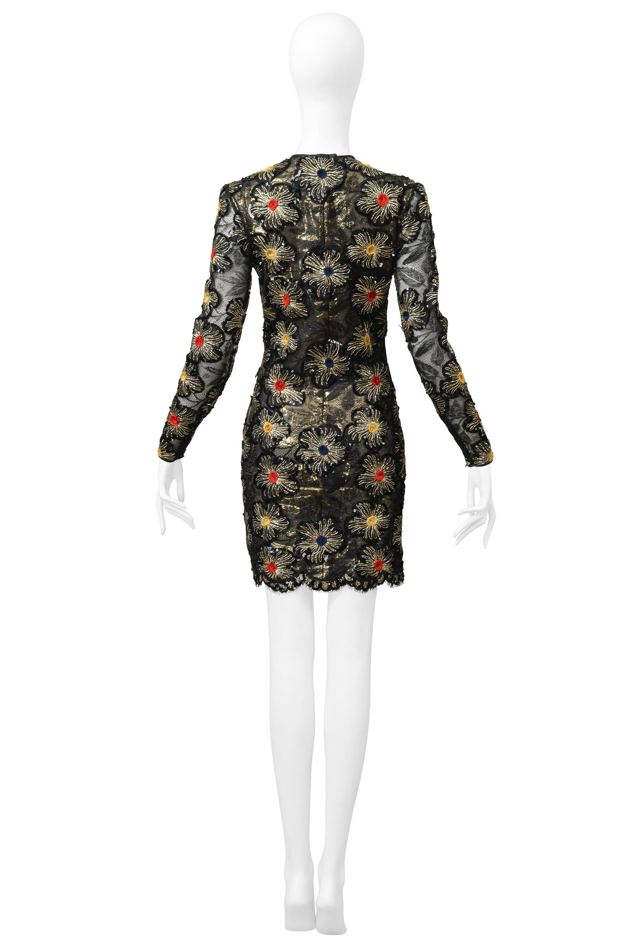 James Galanos Black & Gold Lace Dress With Embroidered Gold Starbursts For Sale 5