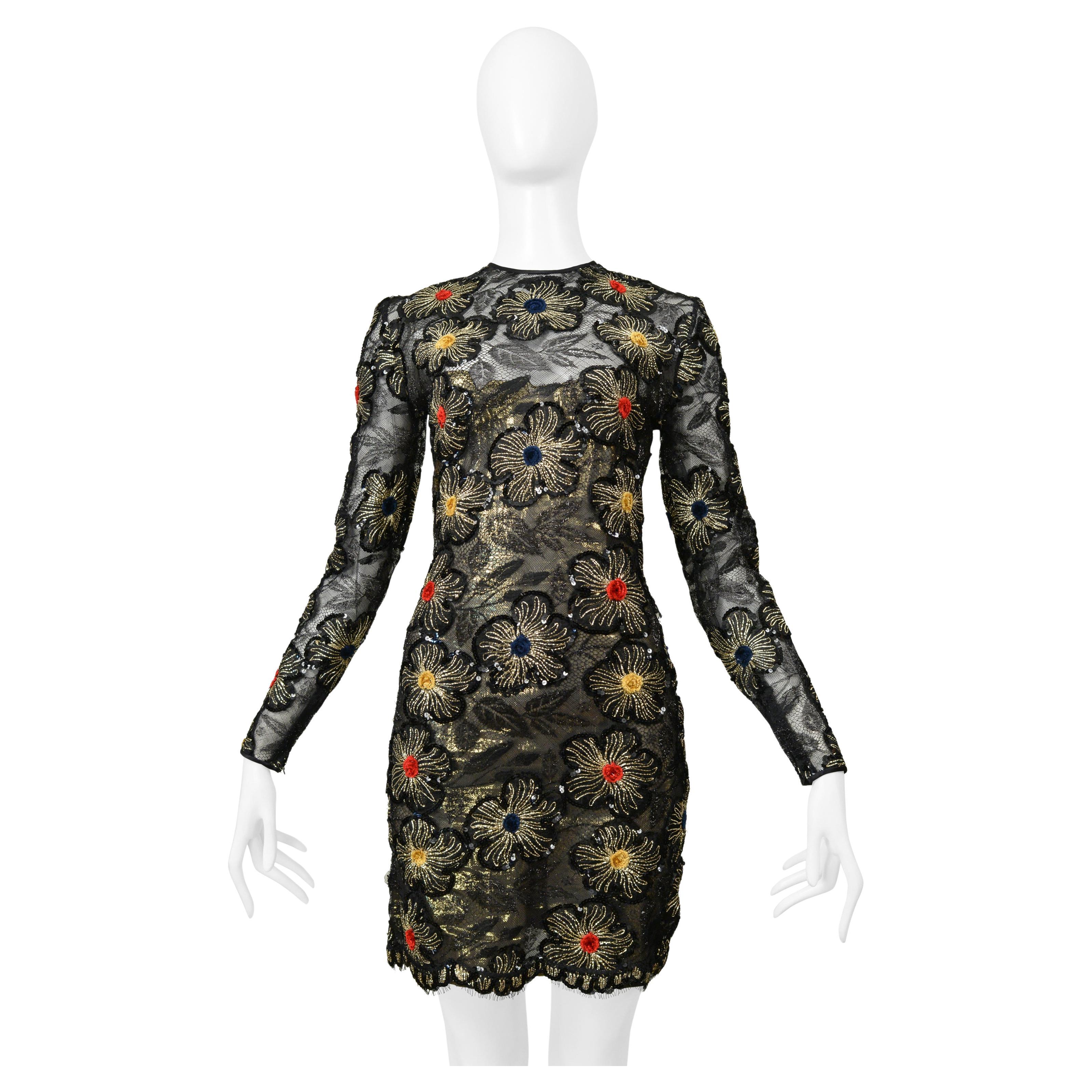 James Galanos Black & Gold Lace Dress With Embroidered Gold Starbursts For Sale