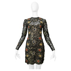 James Galanos Vestido de Encaje Negro y Dorado con Estrellas Doradas Bordadas