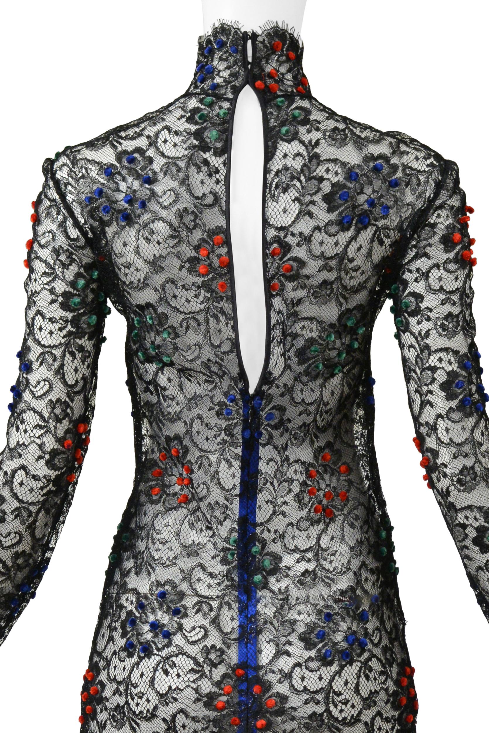 James Galanos Black Lace Dress With Red, Blue & Green Velvet Pom Poms For Sale 5