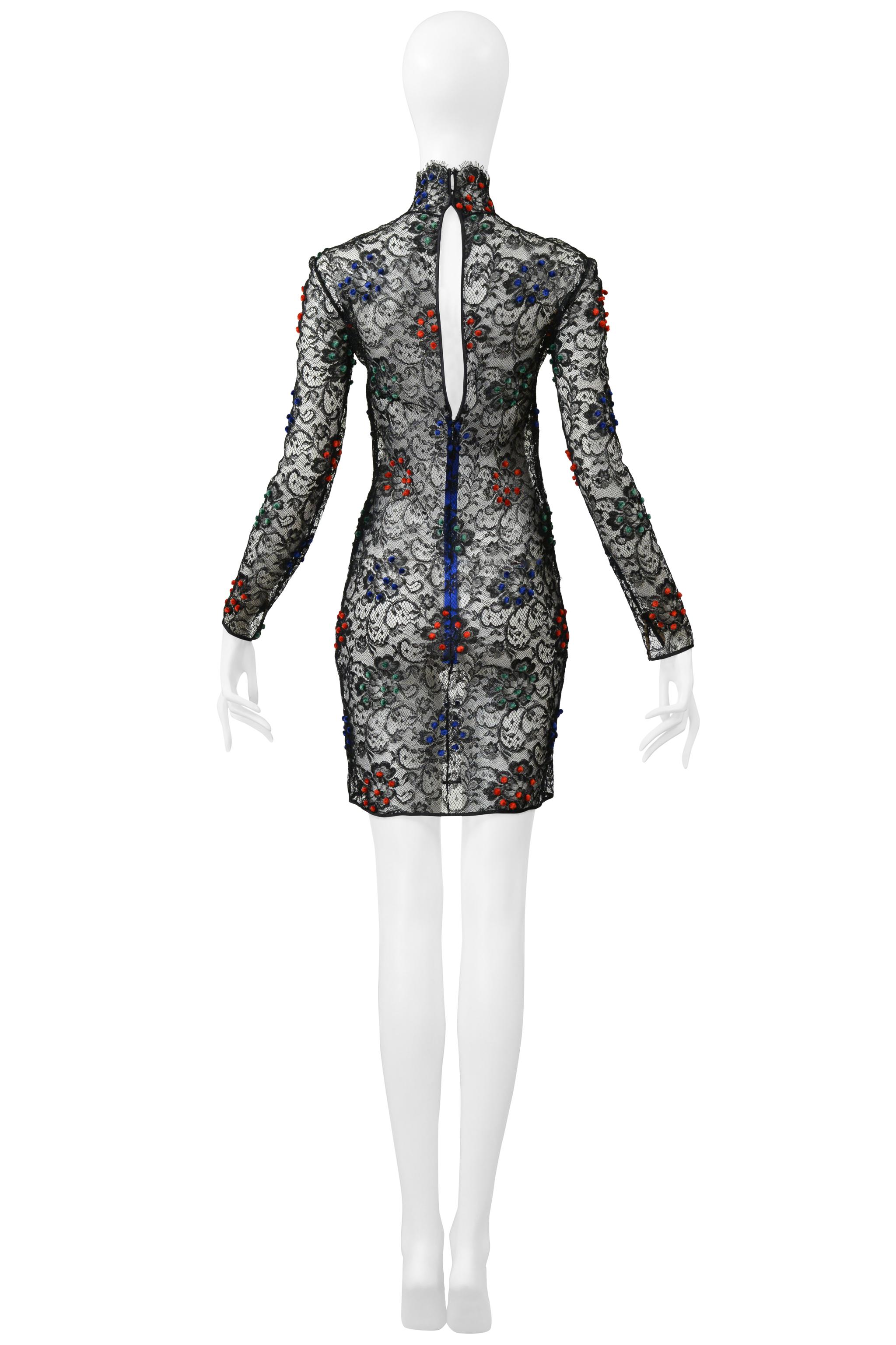 James Galanos Black Lace Dress With Red, Blue & Green Velvet Pom Poms For Sale 6