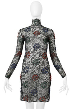 James Galanos Black Lace Dress With Red, Blue & Green Velvet Pom Poms