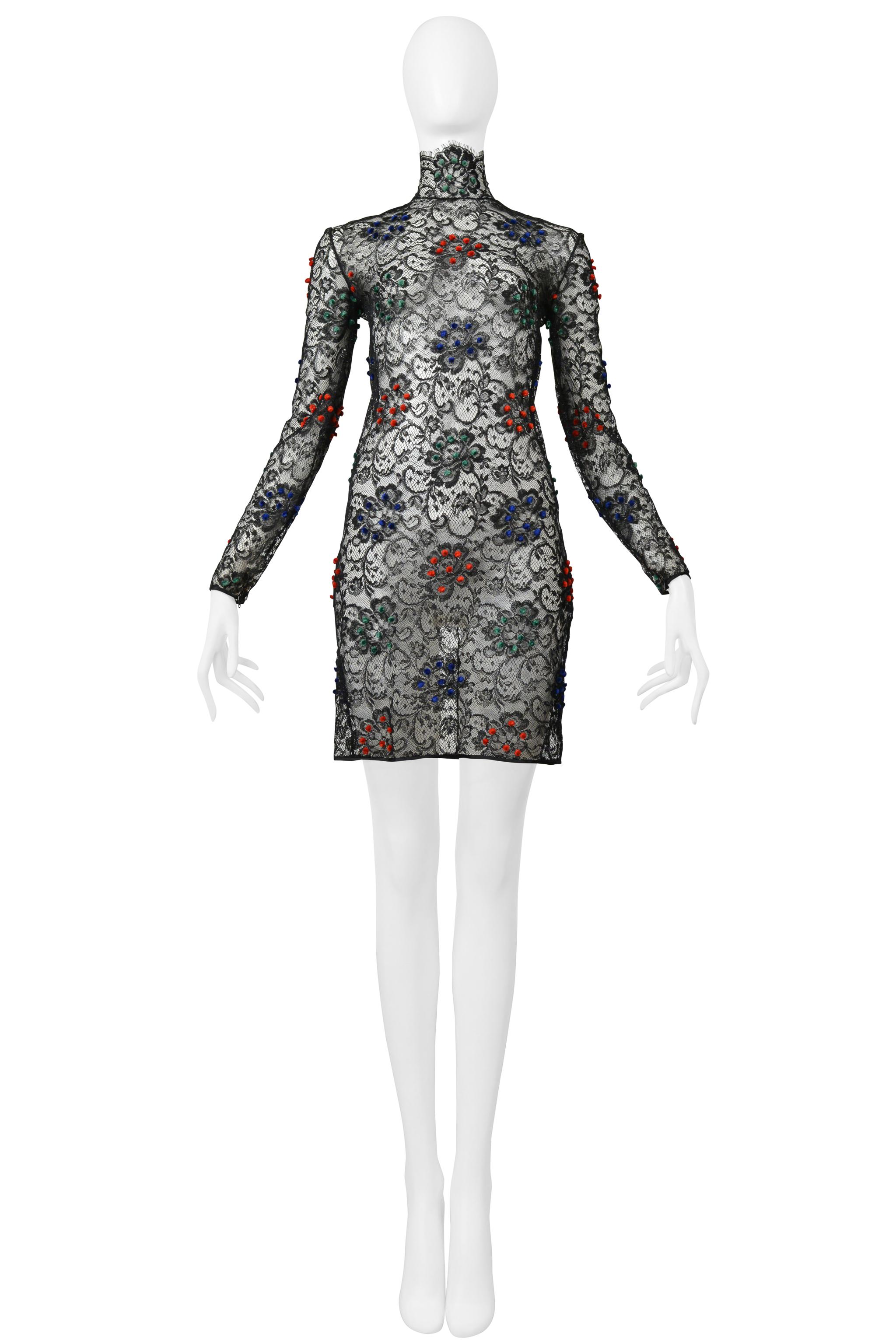 Gray James Galanos Black Lace Dress With Red, Blue & Green Velvet Pom Poms For Sale