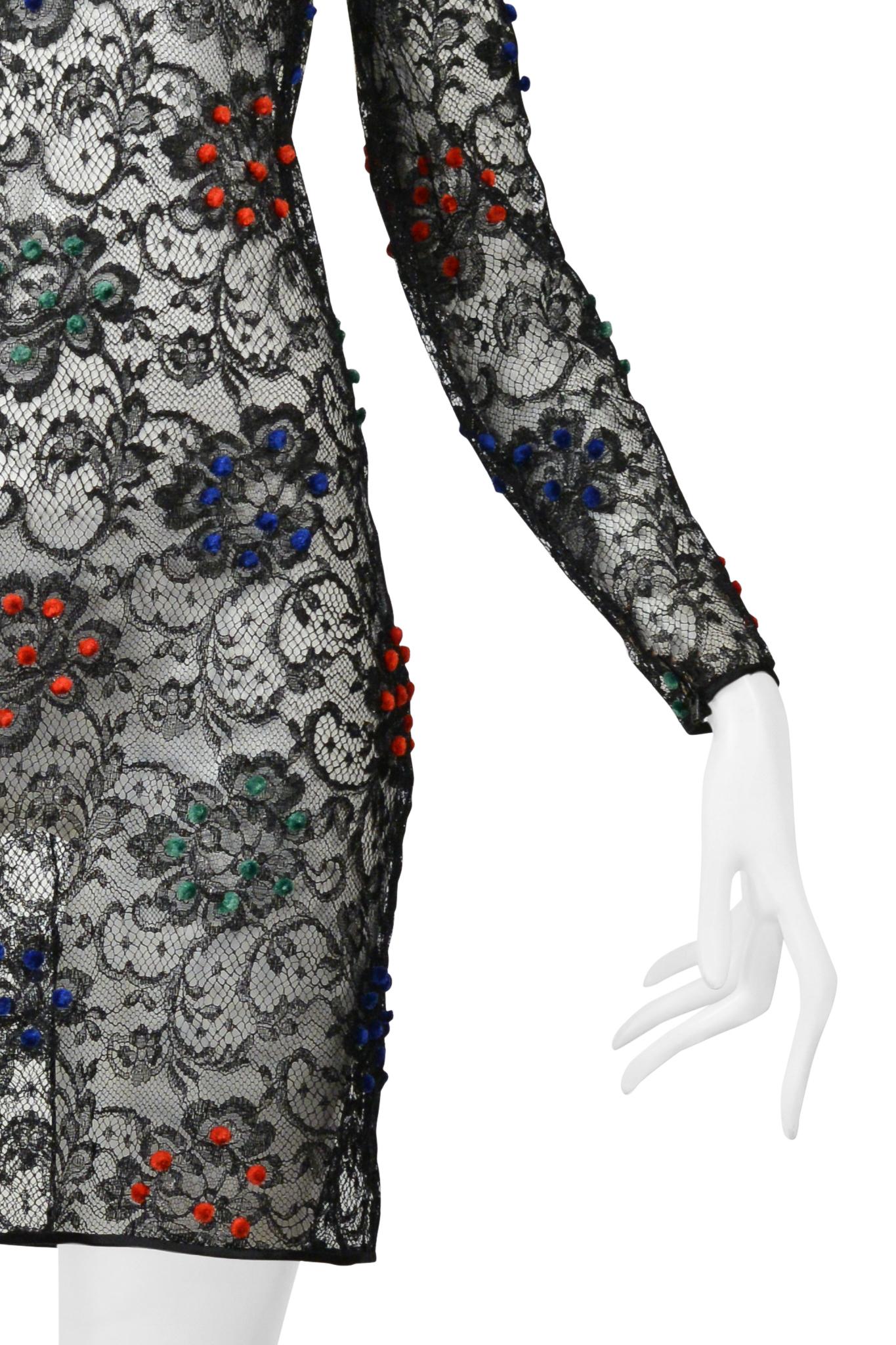 James Galanos Black Lace Dress With Red, Blue & Green Velvet Pom Poms In Excellent Condition For Sale In Los Angeles, CA