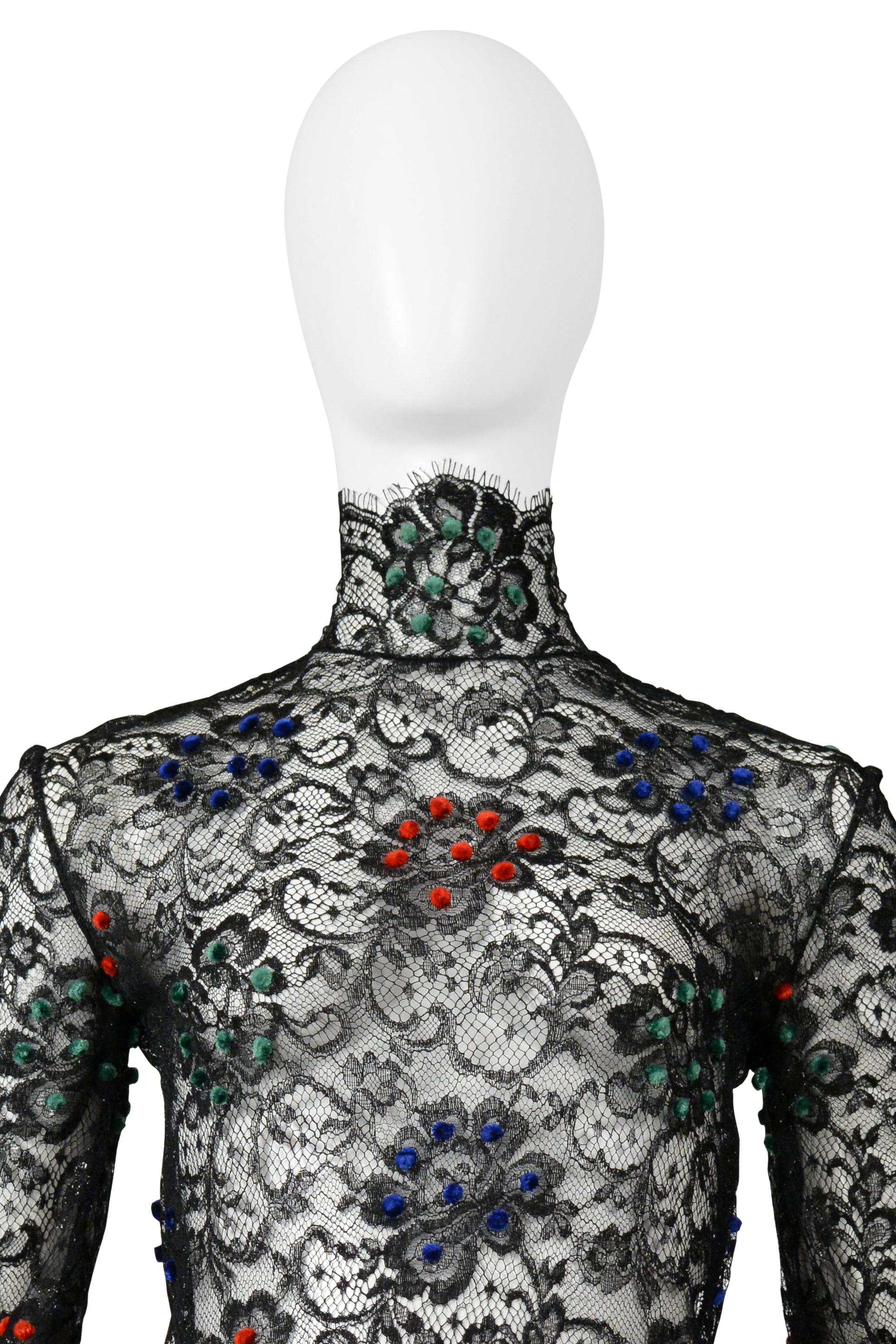 Women's James Galanos Black Lace Dress With Red, Blue & Green Velvet Pom Poms For Sale