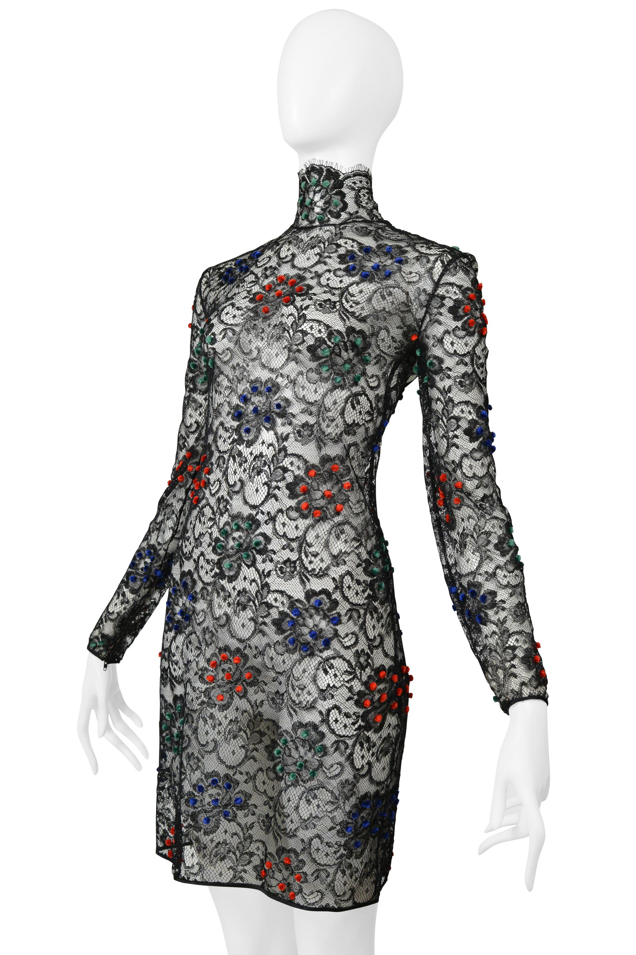 James Galanos Black Lace Dress With Red, Blue & Green Velvet Pom Poms For Sale 1
