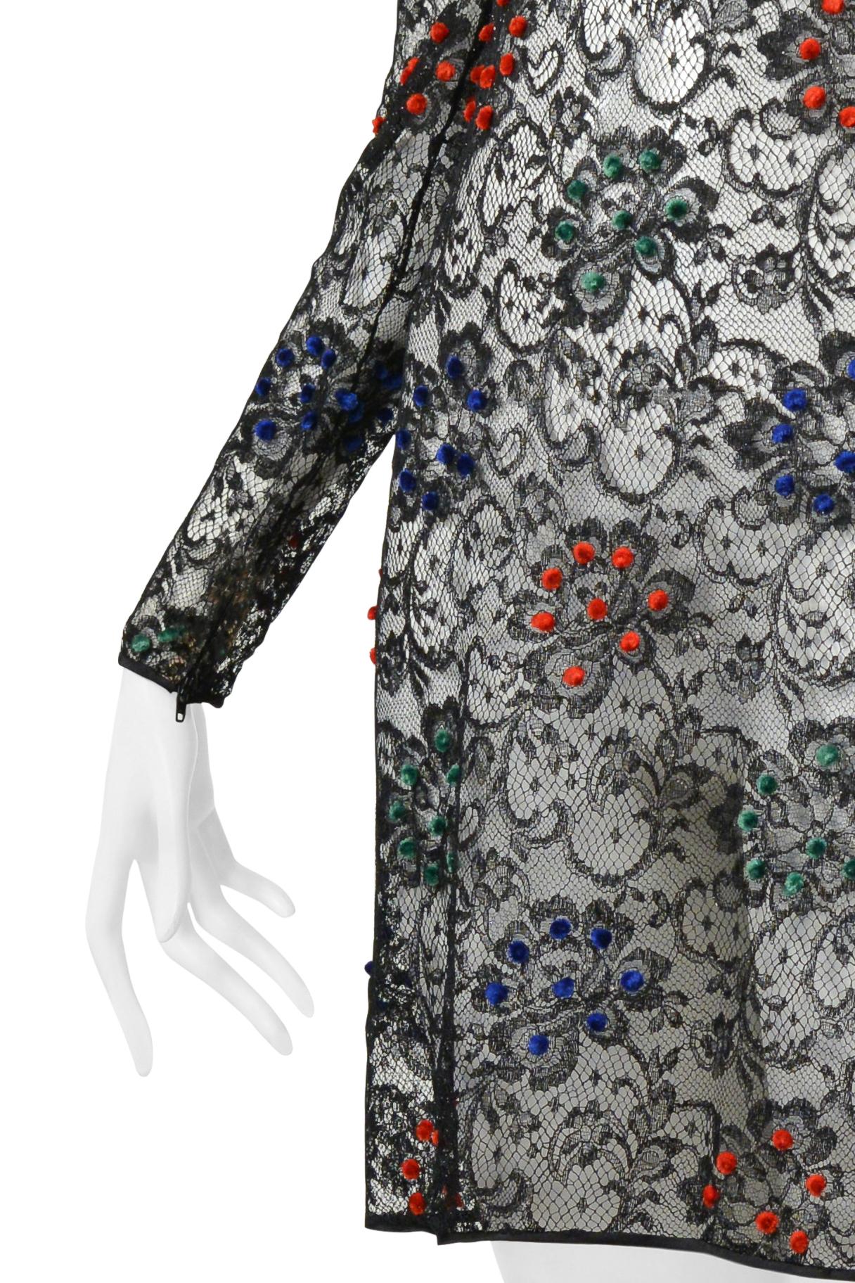 James Galanos Black Lace Dress With Red, Blue & Green Velvet Pom Poms For Sale 2