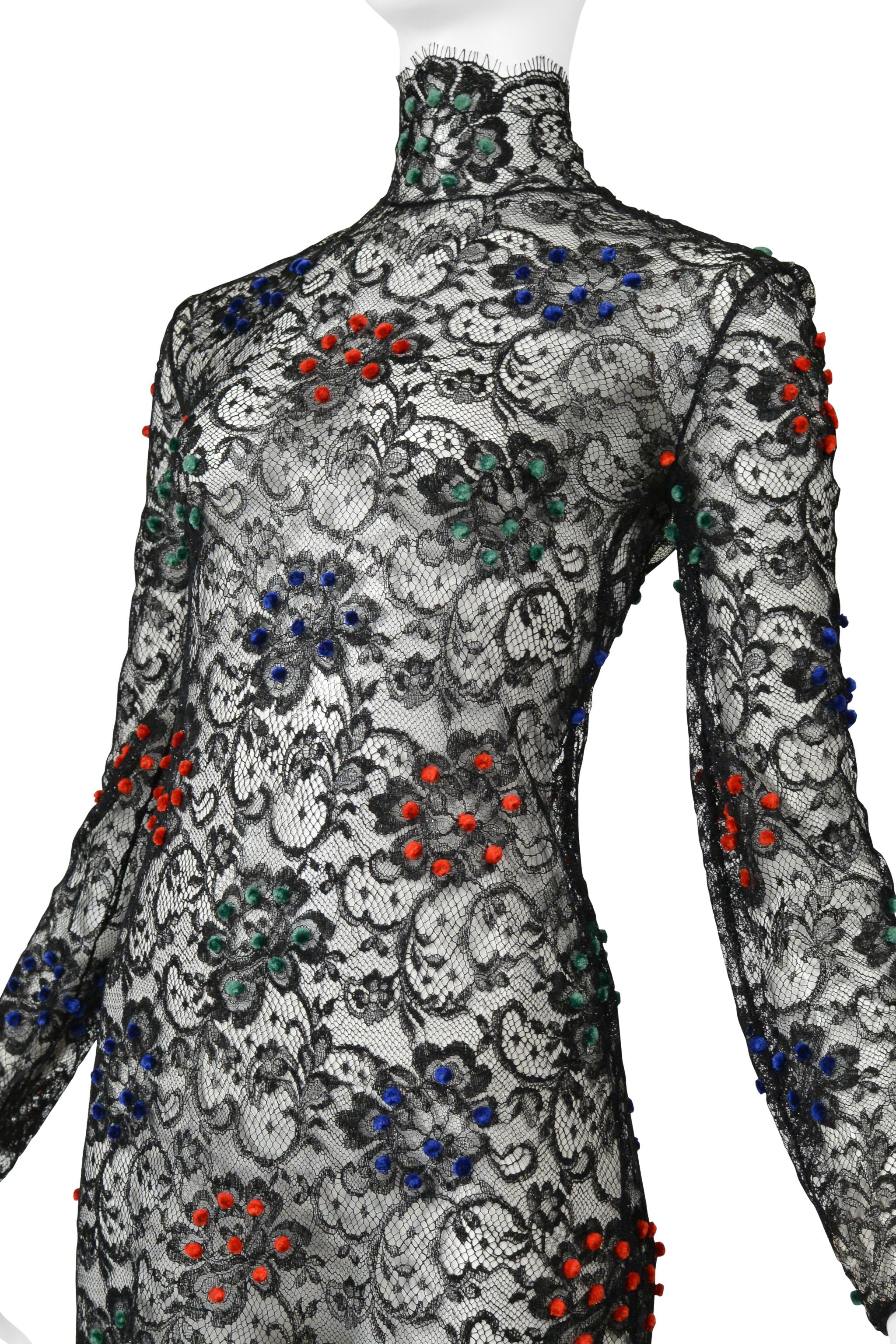 James Galanos Black Lace Dress With Red, Blue & Green Velvet Pom Poms For Sale 3