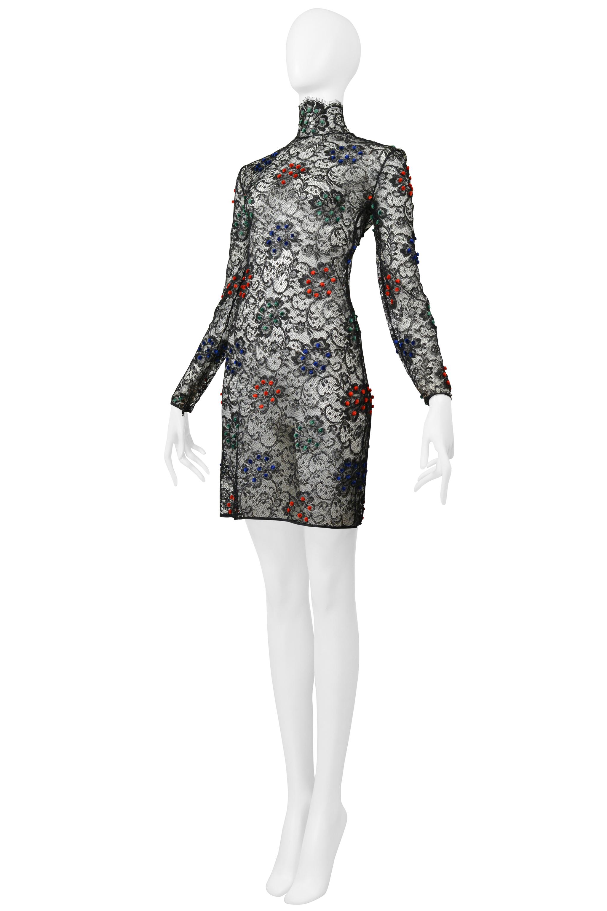 James Galanos Black Lace Dress With Red, Blue & Green Velvet Pom Poms For Sale 4