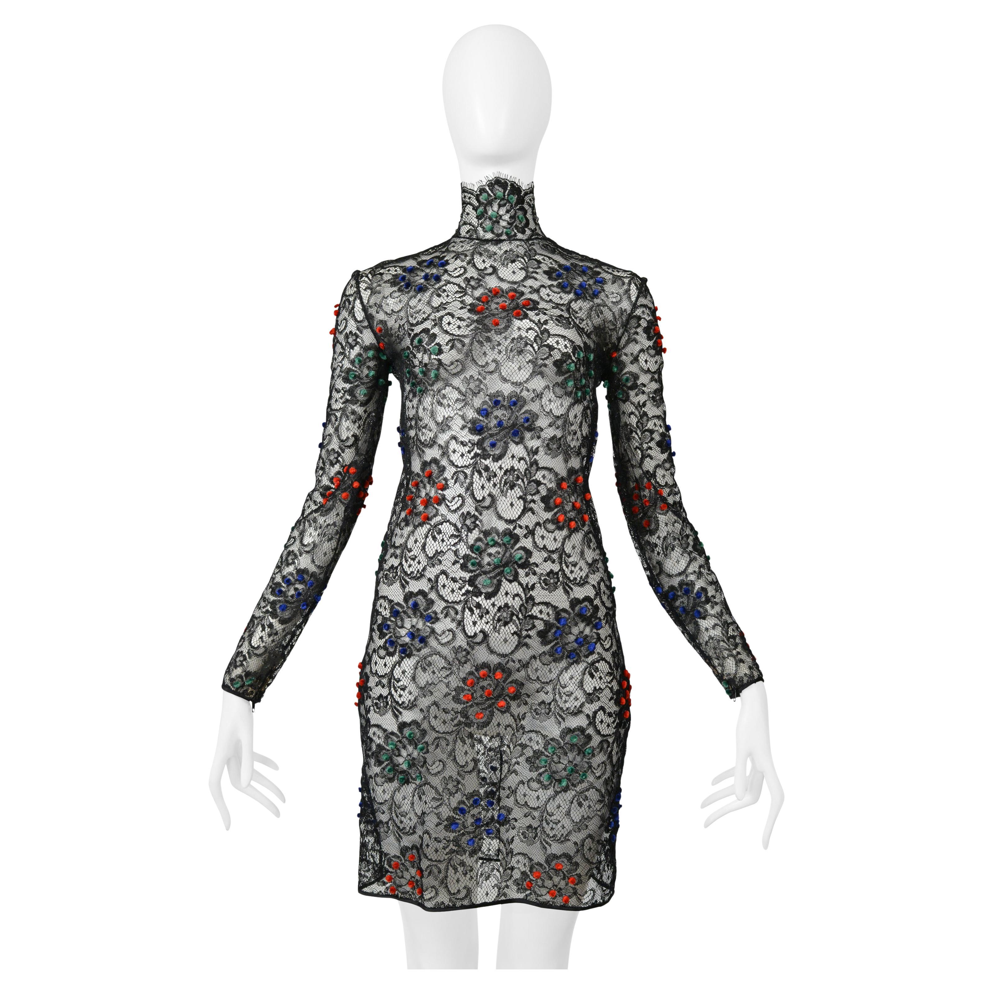 James Galanos Black Lace Dress With Red, Blue & Green Velvet Pom Poms For Sale