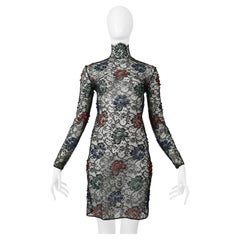 James Galanos Vestido de Encaje Negro con Pompones de Terciopelo Rojo, Azul y Verde