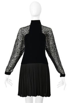 James Galanos Black Velvet Illusion Dress With Lace Cutouts