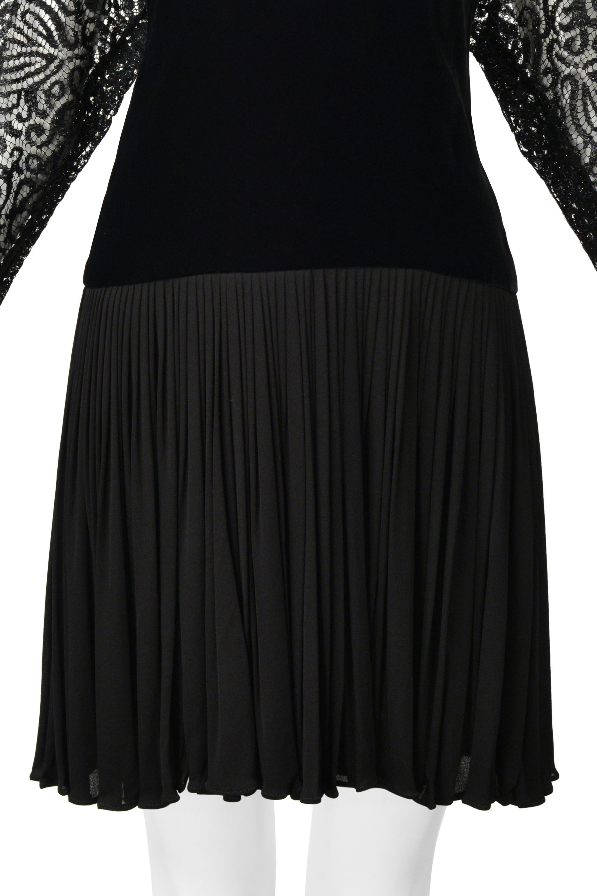 James Galanos Black Velvet Illusion Dress With Lace Cutouts In Excellent Condition For Sale In Los Angeles, CA