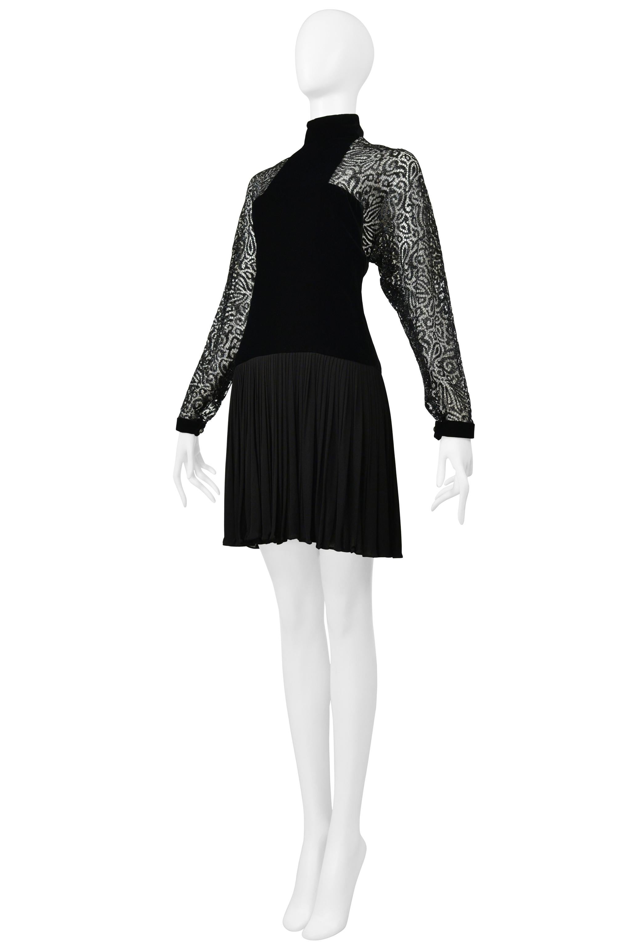 Women's James Galanos Black Velvet Illusion Dress With Lace Cutouts For Sale
