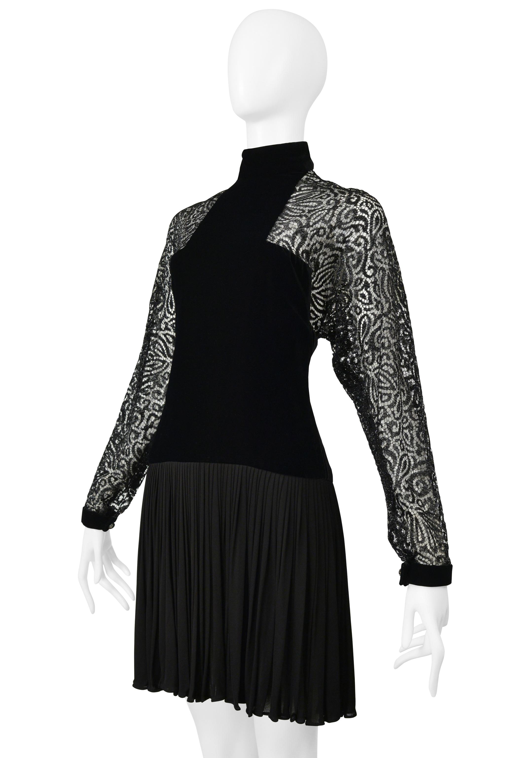 James Galanos Black Velvet Illusion Dress With Lace Cutouts For Sale 2