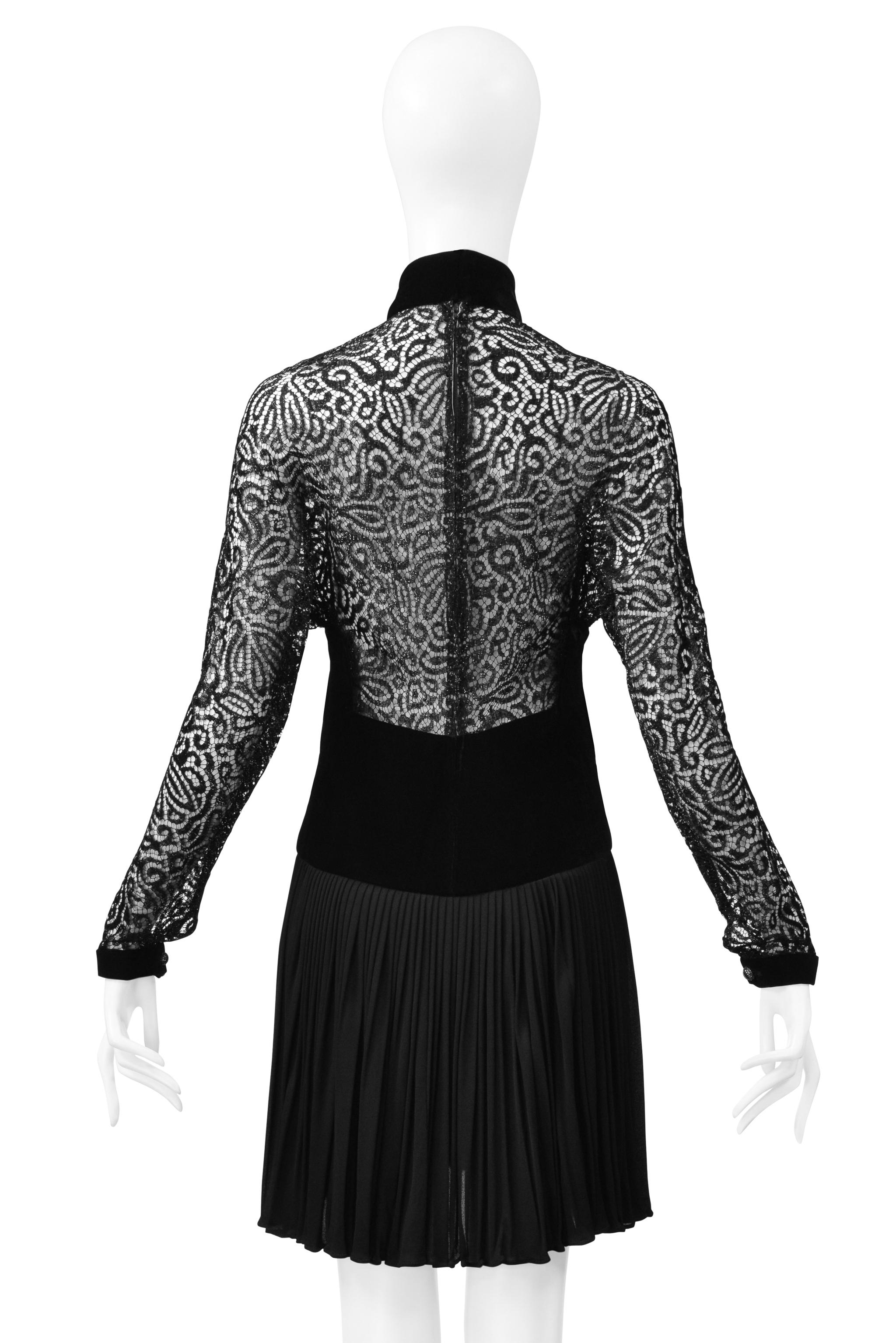 James Galanos Black Velvet Illusion Dress With Lace Cutouts For Sale 4