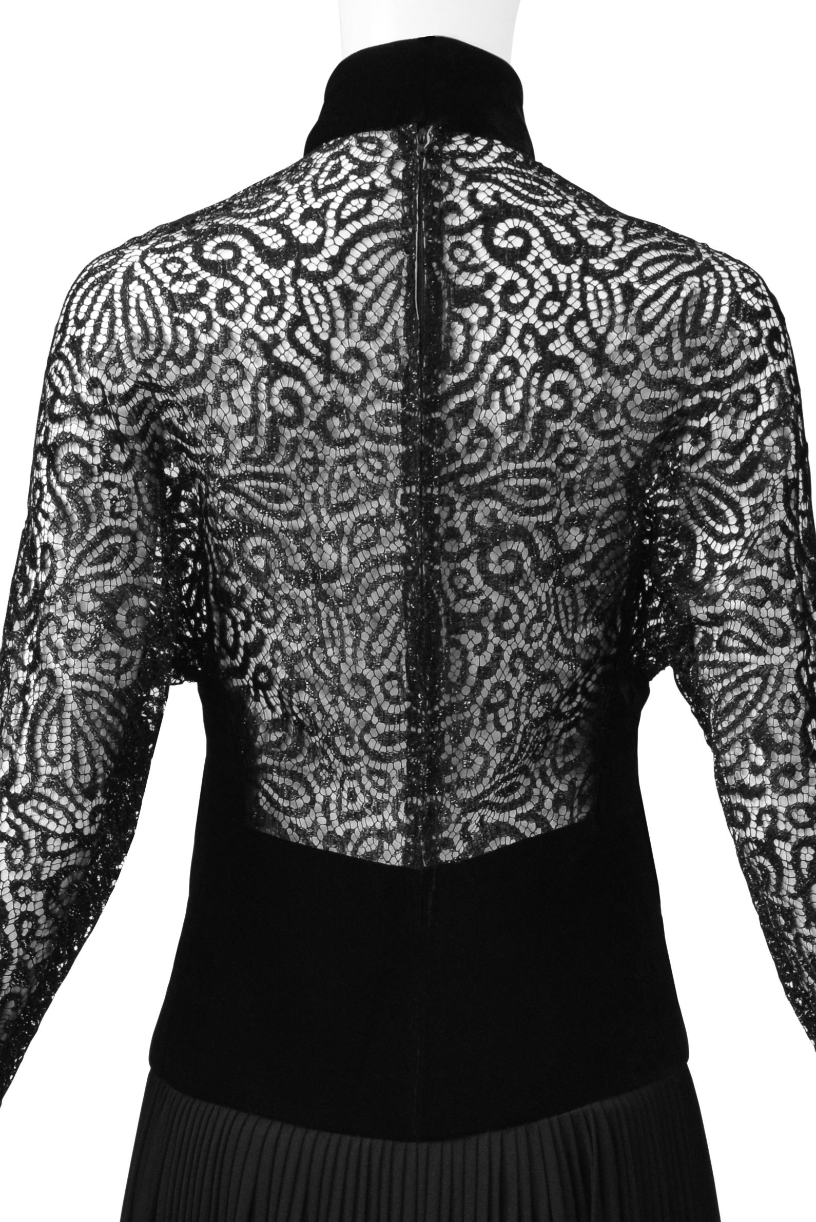 James Galanos Black Velvet Illusion Dress With Lace Cutouts For Sale 5