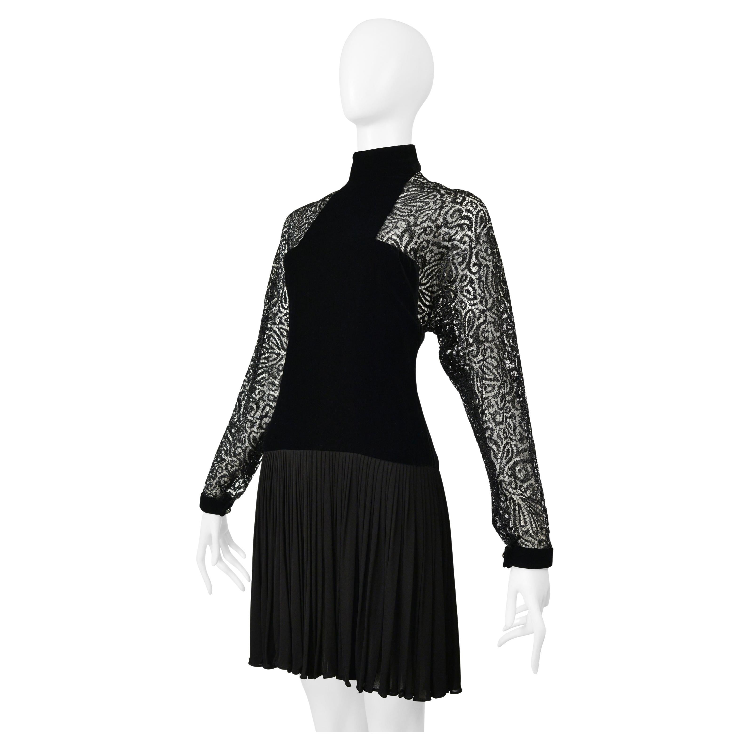 James Galanos Black Velvet Illusion Dress With Lace Cutouts For Sale