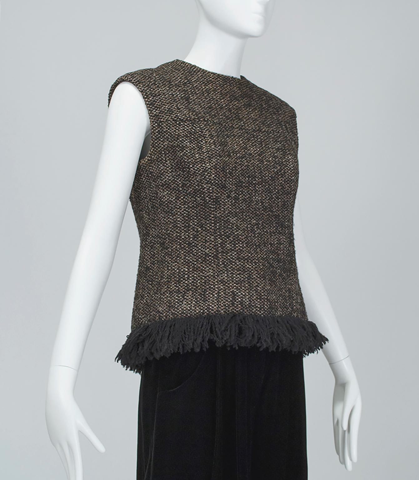 James Galanos Brown Tweed Jacket w Matching Sleeveless Fringe Top - M, 1980s In Excellent Condition For Sale In Tucson, AZ