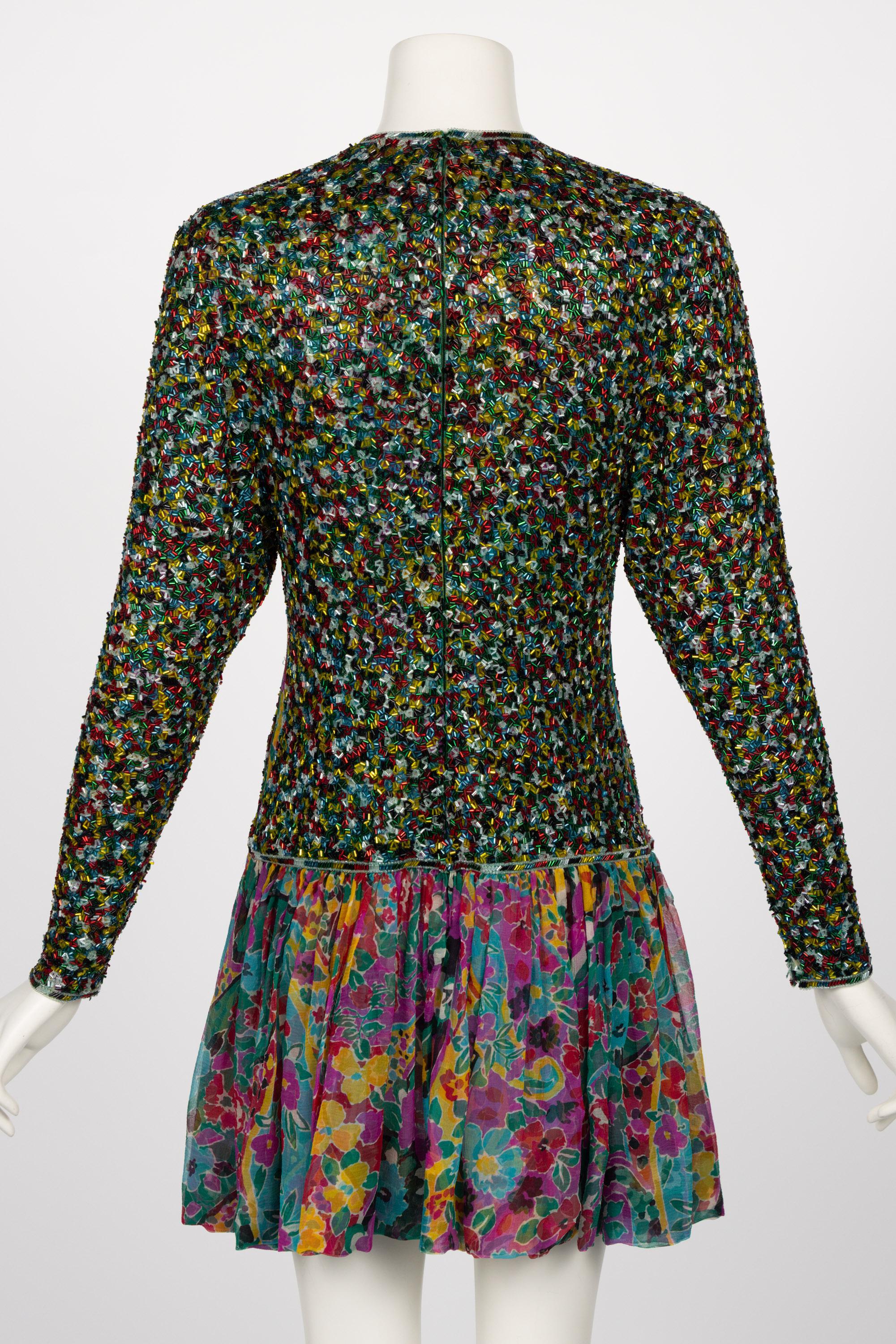 Black James Galanos Couture Beaded Floral Silk Mini Dress For Sale