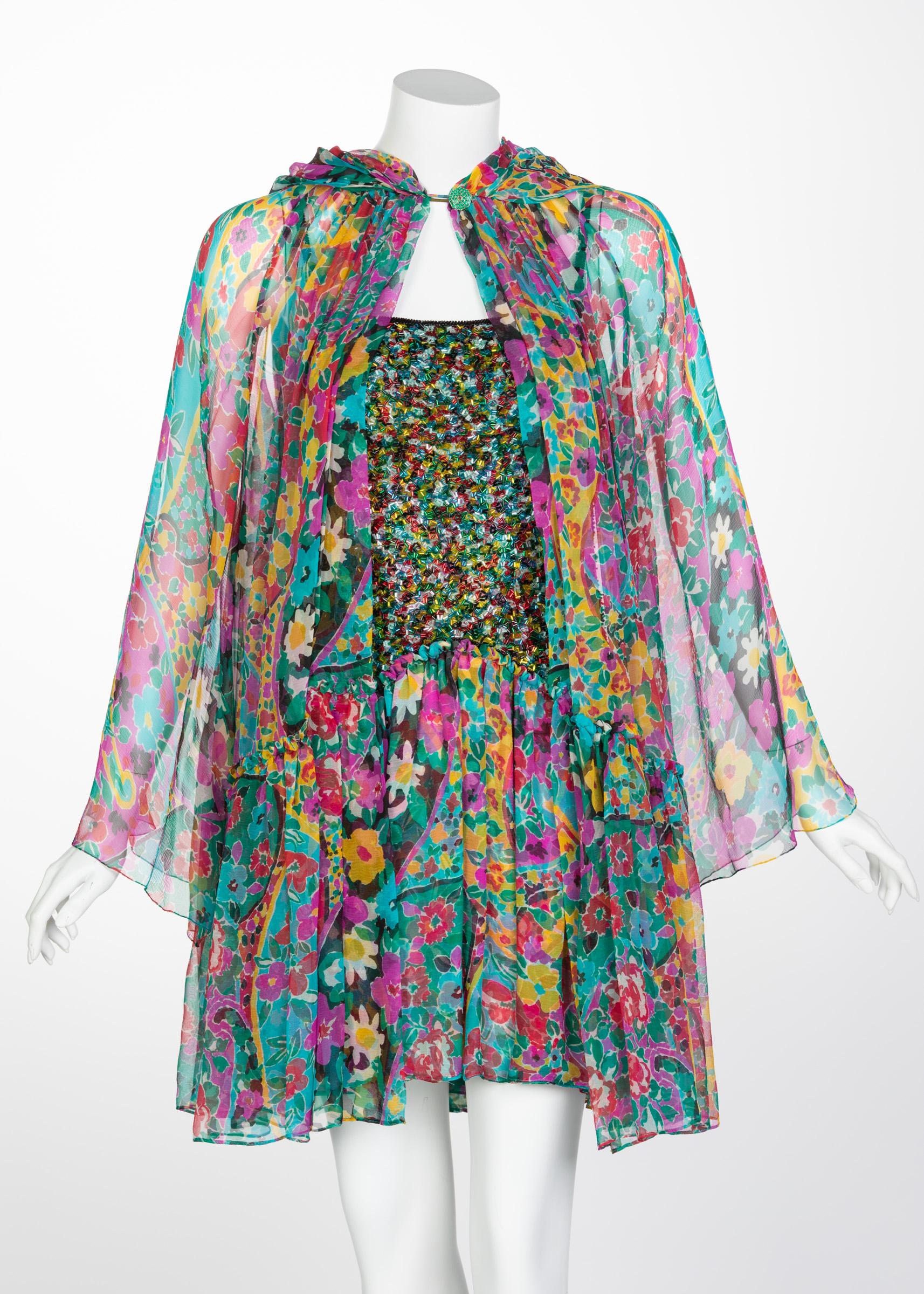 Gray James Galanos Couture Beaded Floral Silk Mini Dress with Hooded Opera Coat, 1970