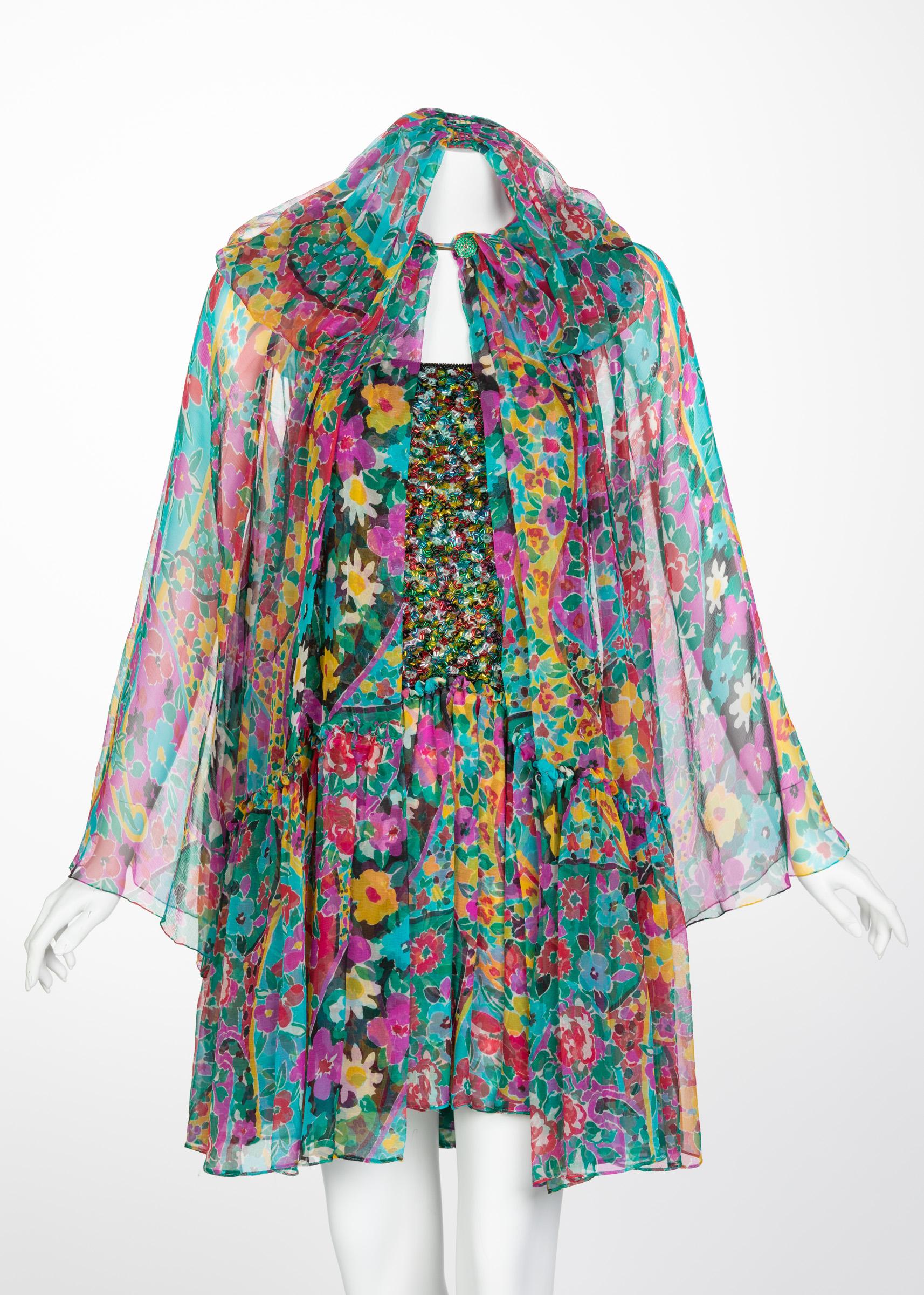 James Galanos Couture Beaded Floral Silk Mini Dress with Hooded Opera Coat, 1970 In Excellent Condition In Boca Raton, FL