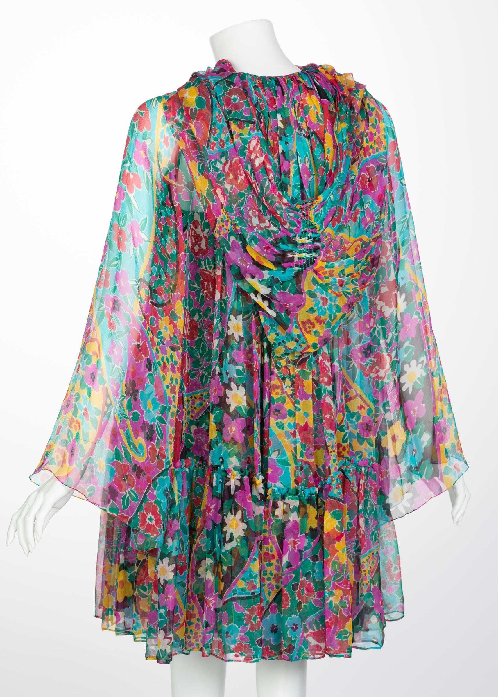 Women's James Galanos Couture Beaded Floral Silk Mini Dress with Hooded Opera Coat, 1970
