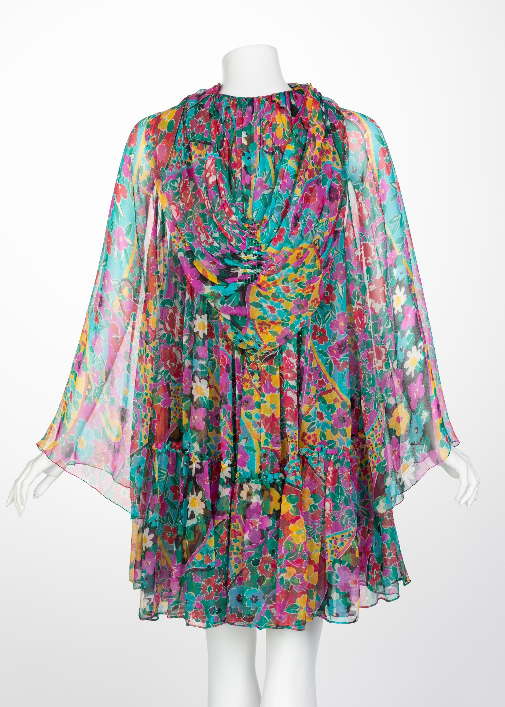 James Galanos Couture Beaded Floral Silk Mini Dress with Hooded Opera Coat, 1970 1