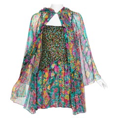 Vintage James Galanos Couture Beaded Floral Silk Mini Dress with Hooded Opera Coat, 1970