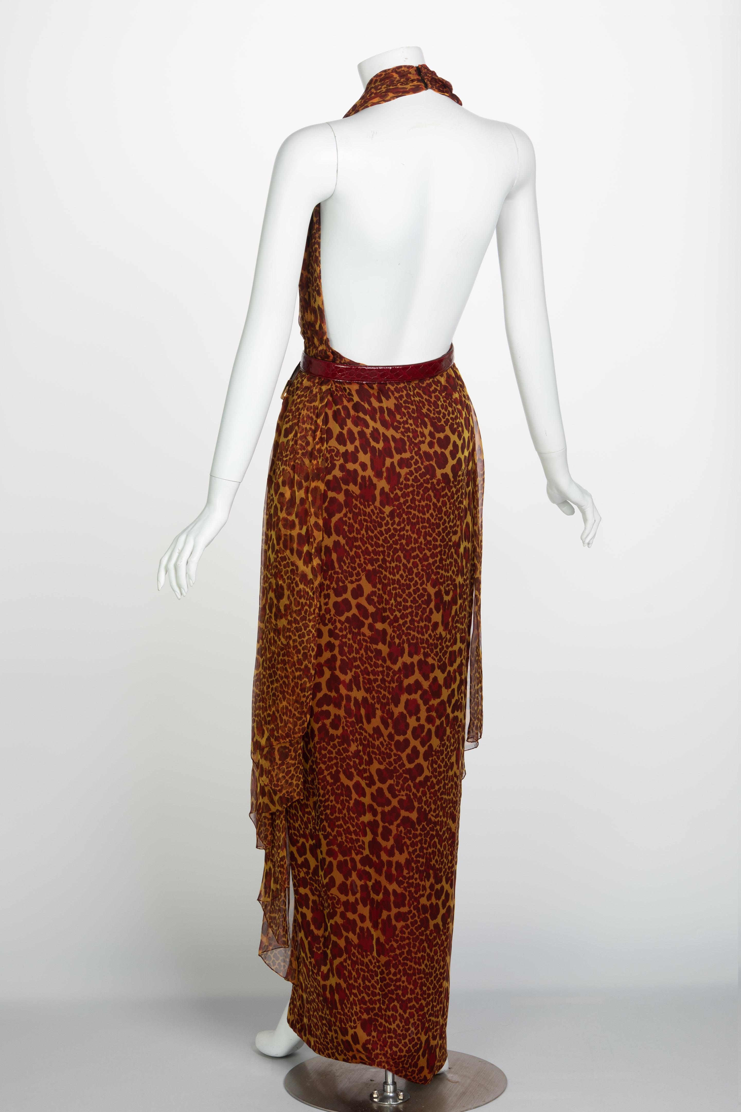 Brown James Galanos Couture Chiffon Cheetah Print Open Back Halter Dress, 1980s