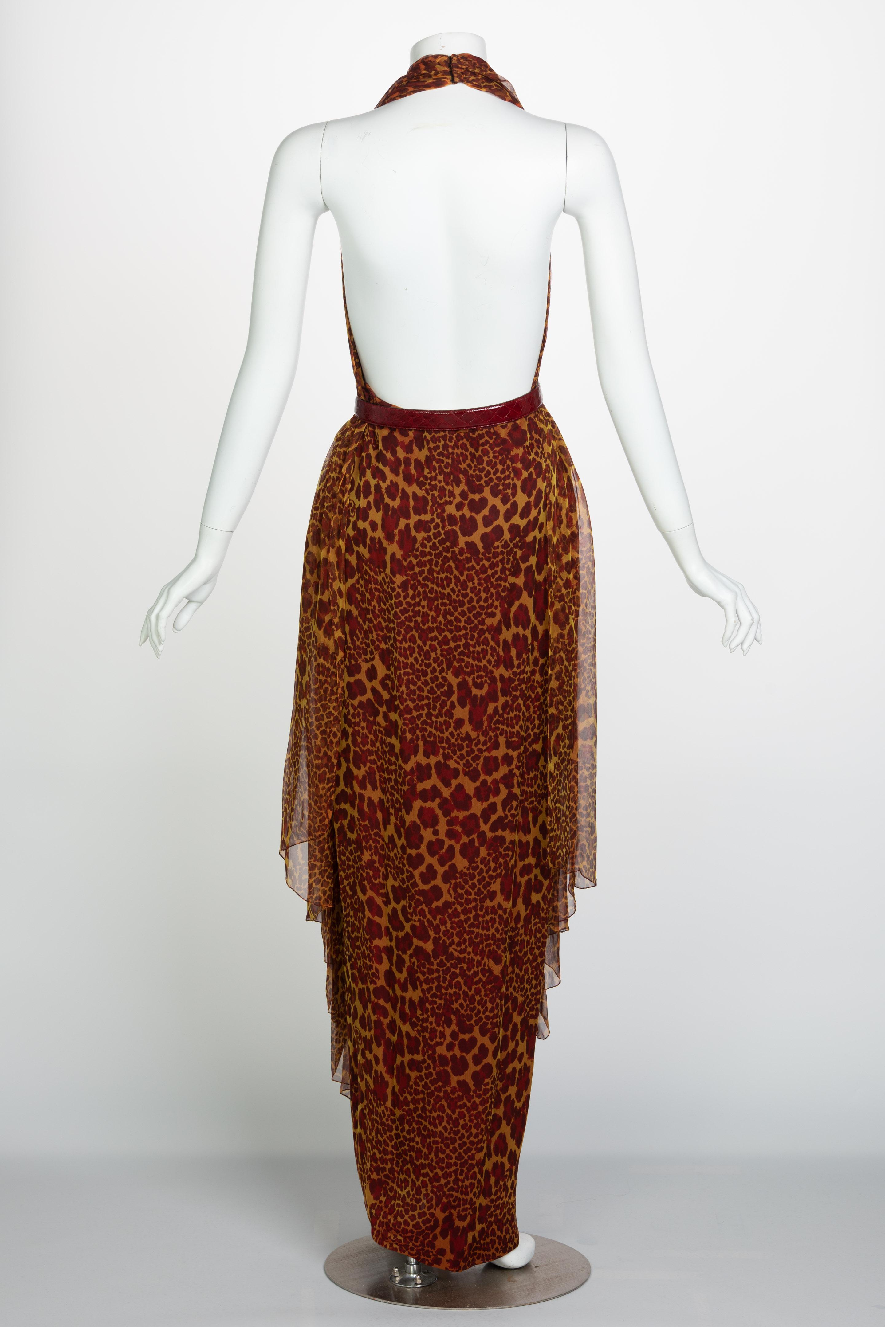 James Galanos Couture Chiffon Cheetah Print Open Back Halter Dress, 1980s In Excellent Condition In Boca Raton, FL