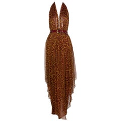 James Galanos Couture Chiffon Cheetah Print Open Back Halter Dress, 1980s