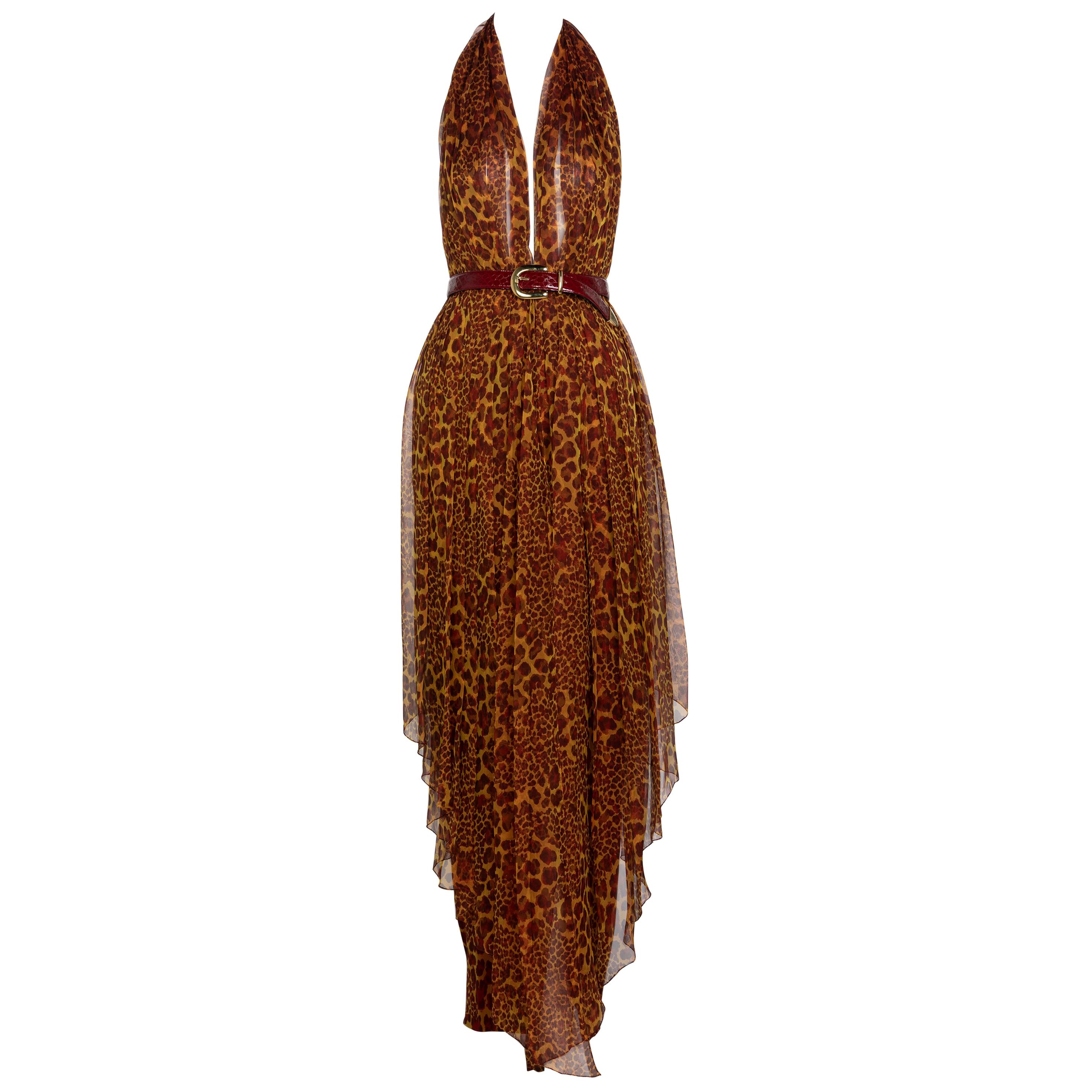 James Galanos Couture Chiffon Cheetah Print Open Back Halter Dress, 1980s