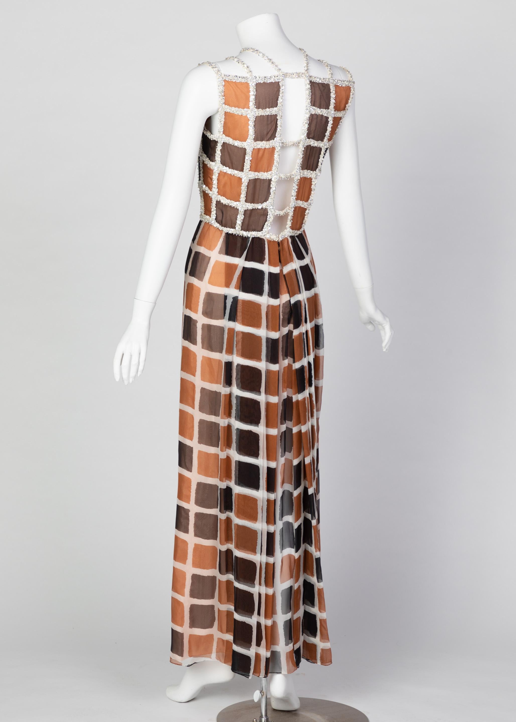 Brown James Galanos Couture Chiffon Dress with Sequins Lattice Straps, 1980s