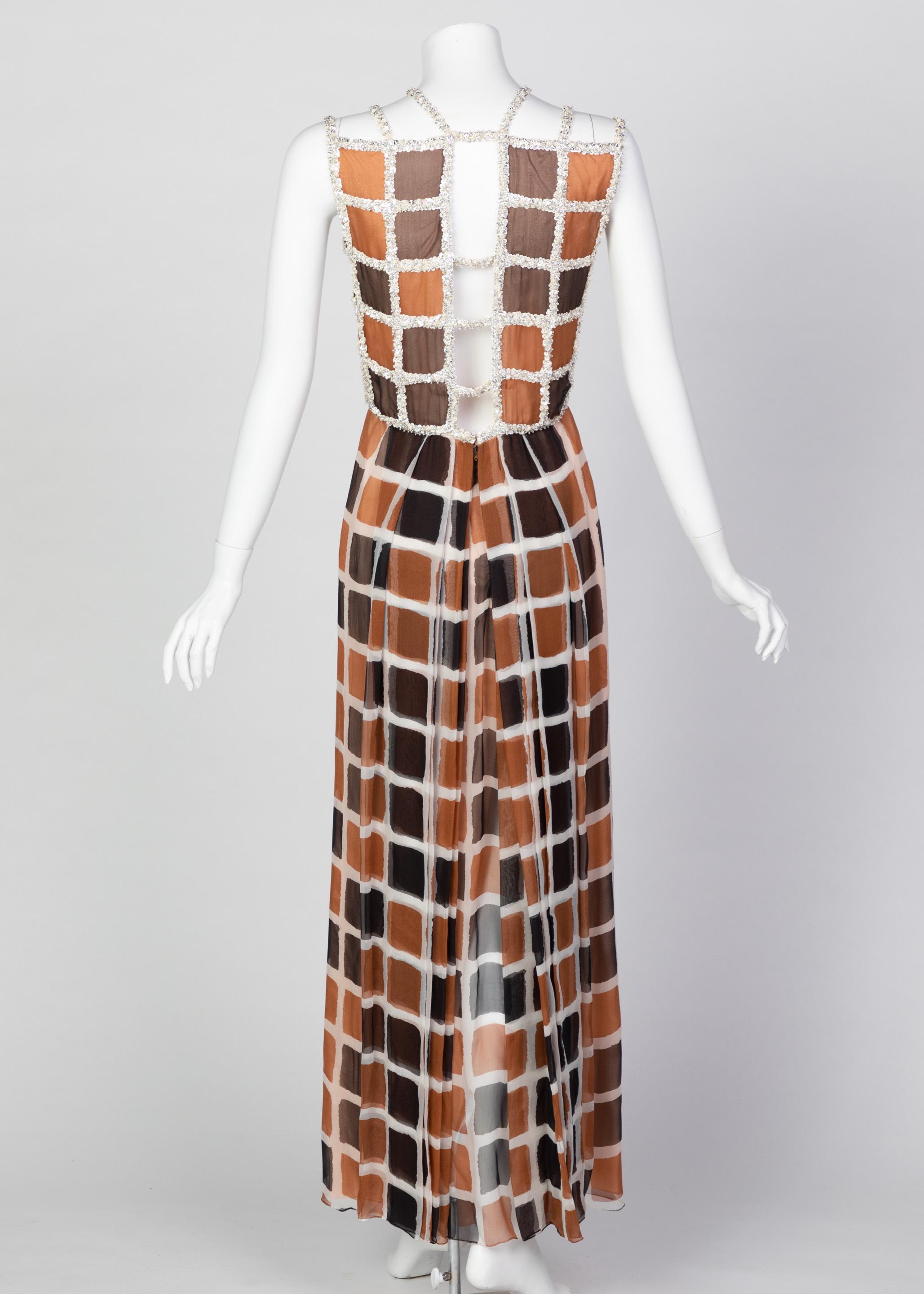 James Galanos Couture Chiffon Dress with Sequins Lattice Straps, 1980s In Excellent Condition In Boca Raton, FL