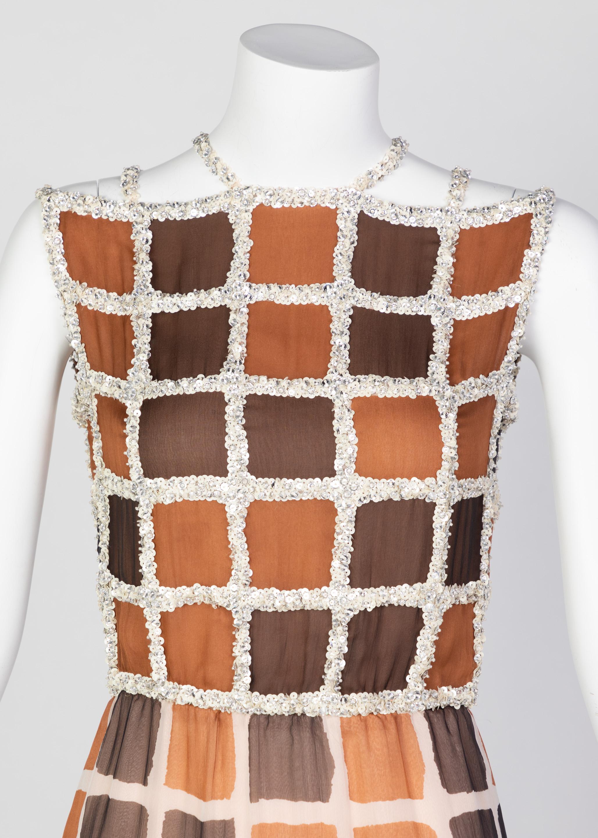 Women's James Galanos Couture Chiffon Dress with Sequins Lattice Straps, 1980s