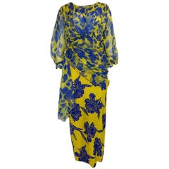 James Galanos Couture Draped Printed Floral Silk Dress, 1970s
