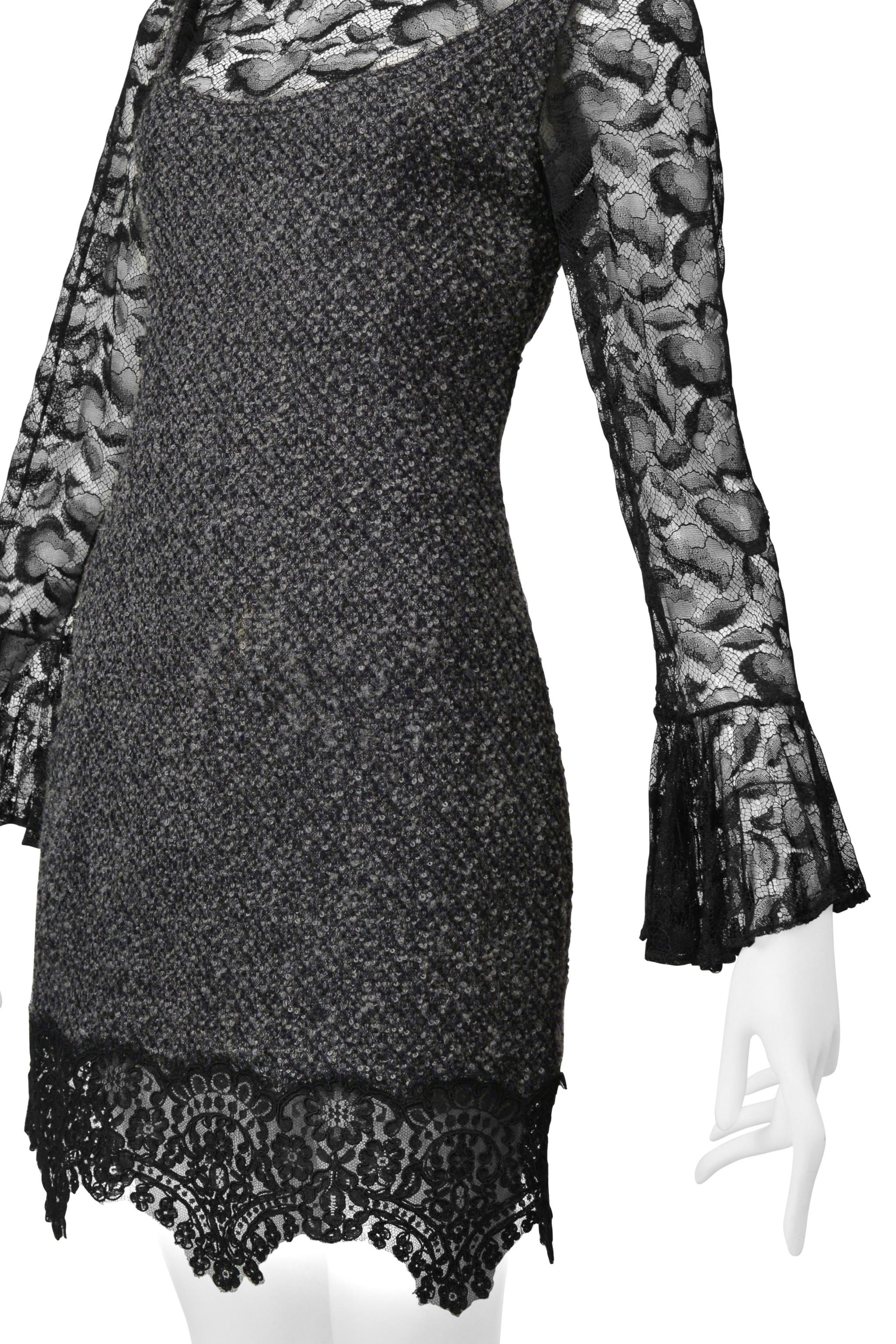 James Galanos Grey Boucle Illusion Dress With Black Lace For Sale 6