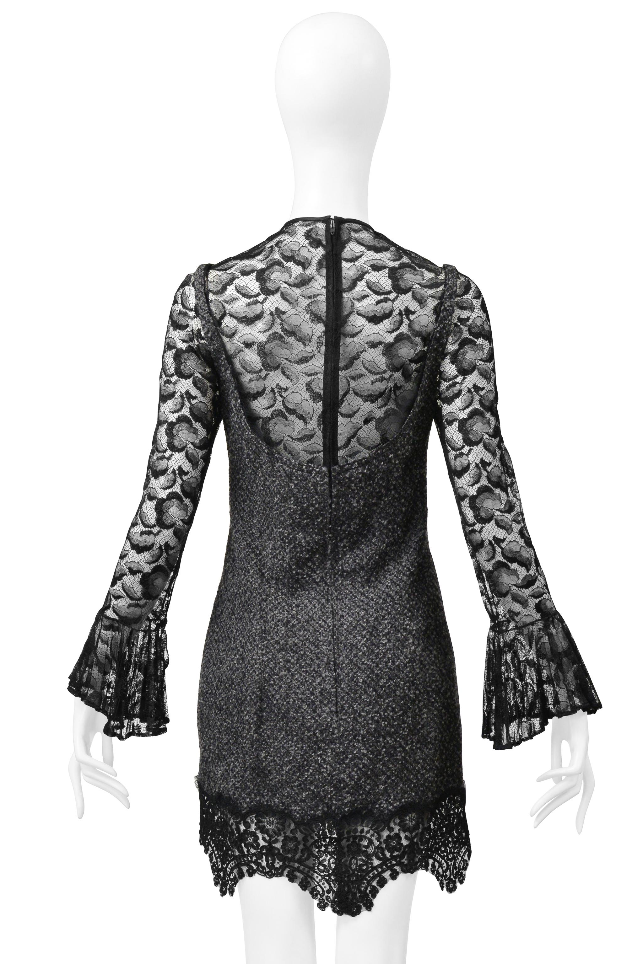 James Galanos Grey Boucle Illusion Dress With Black Lace For Sale 7