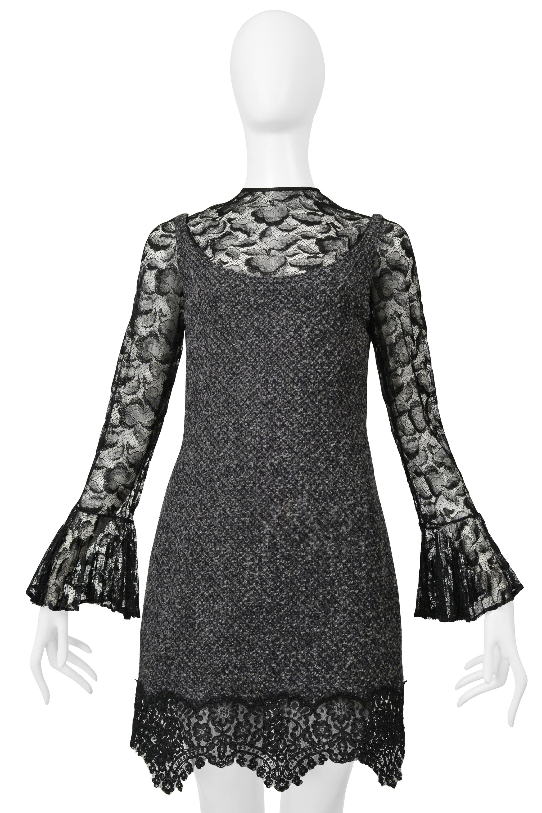 Resurrection is excited to present a vintage Galanos speckled grey boucle cocktail dress featuring an illusion lace yoke, intricate lace trim, a fitted body, bell-cuffed lace sleeves, and a center back zipper.

Galanos
Designed James Galanos
Size: