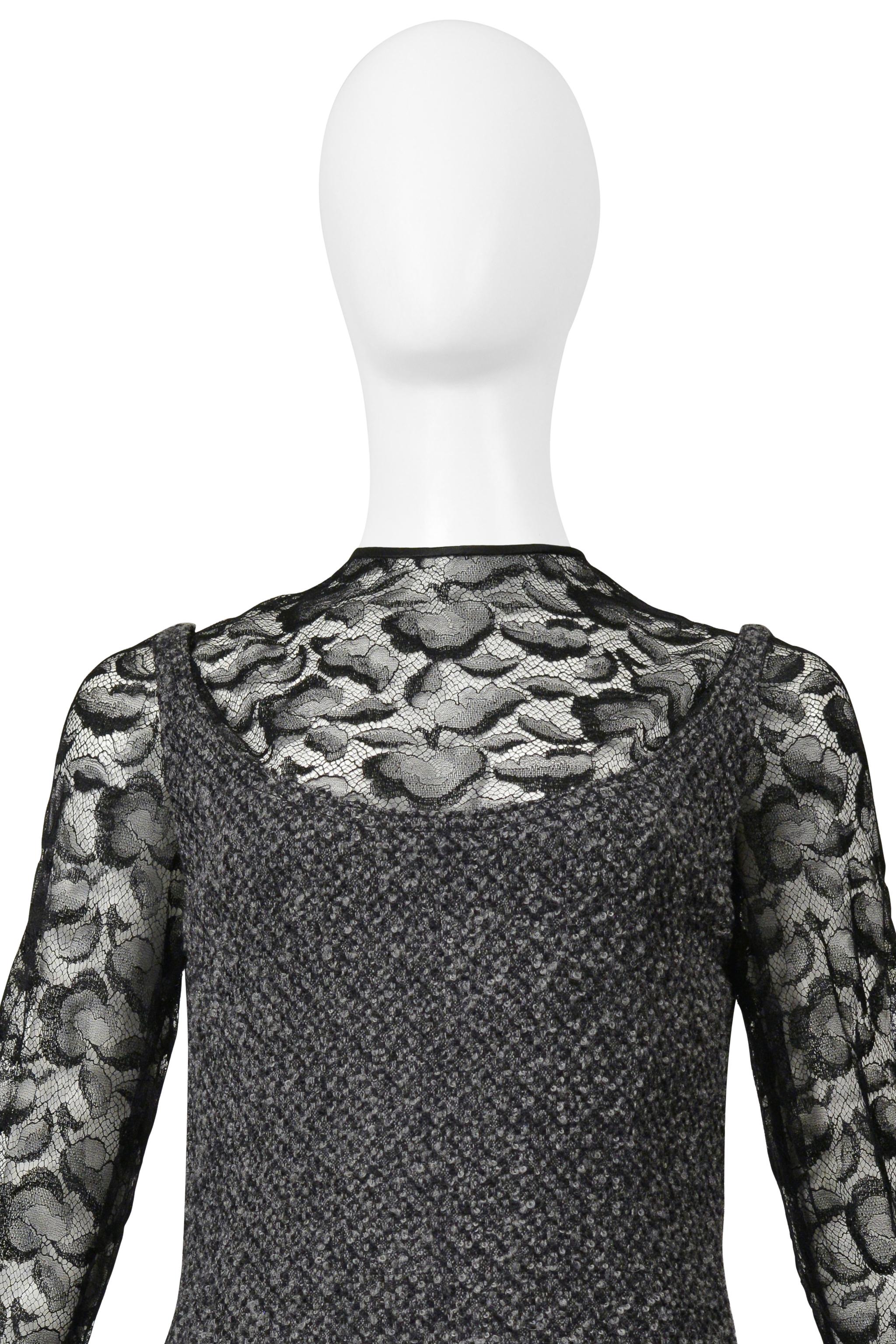James Galanos Grey Boucle Illusion Dress With Black Lace In Excellent Condition For Sale In Los Angeles, CA