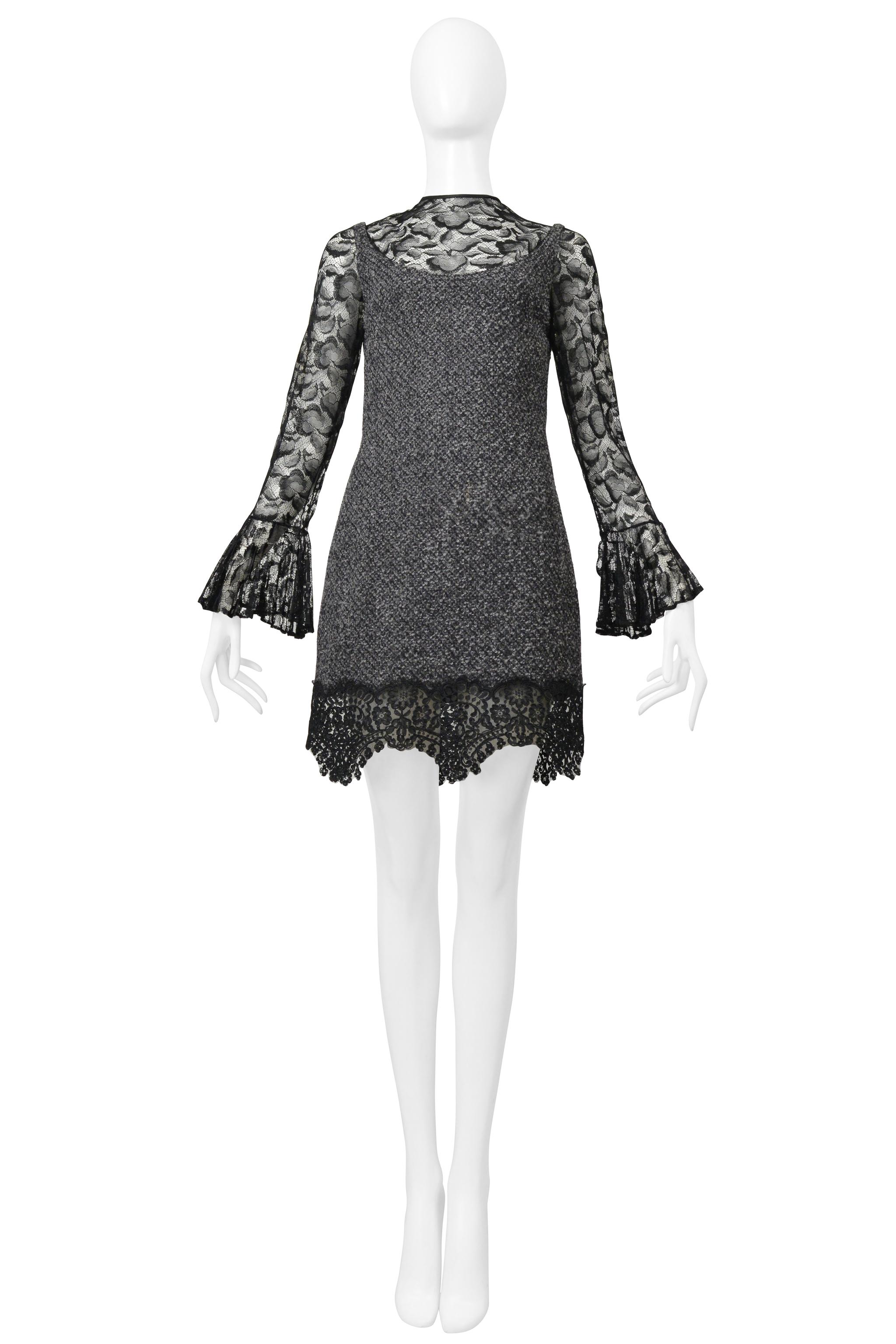 James Galanos Grey Boucle Illusion Dress With Black Lace For Sale 1