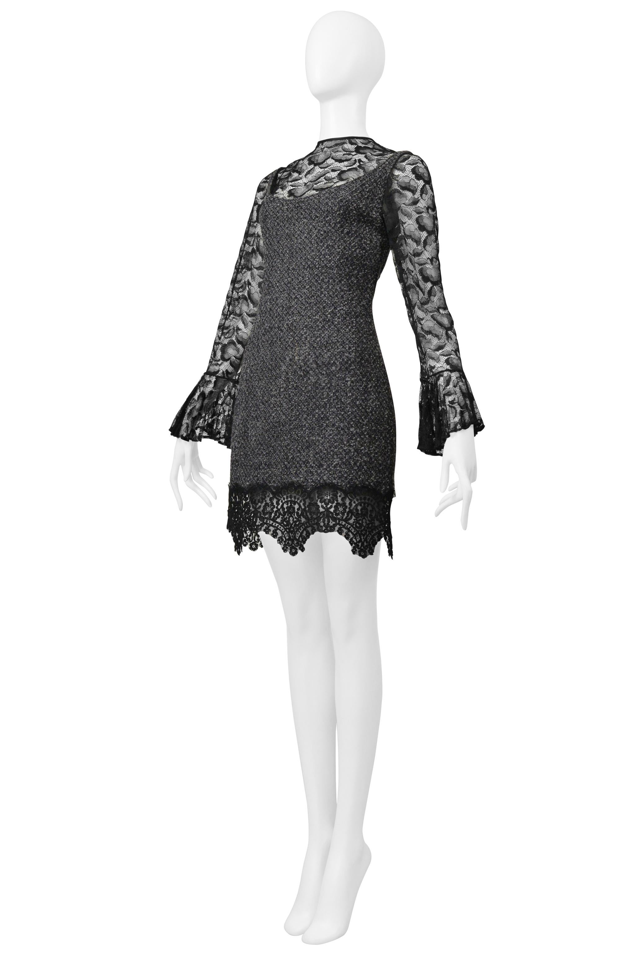 James Galanos Grey Boucle Illusion Dress With Black Lace For Sale 2